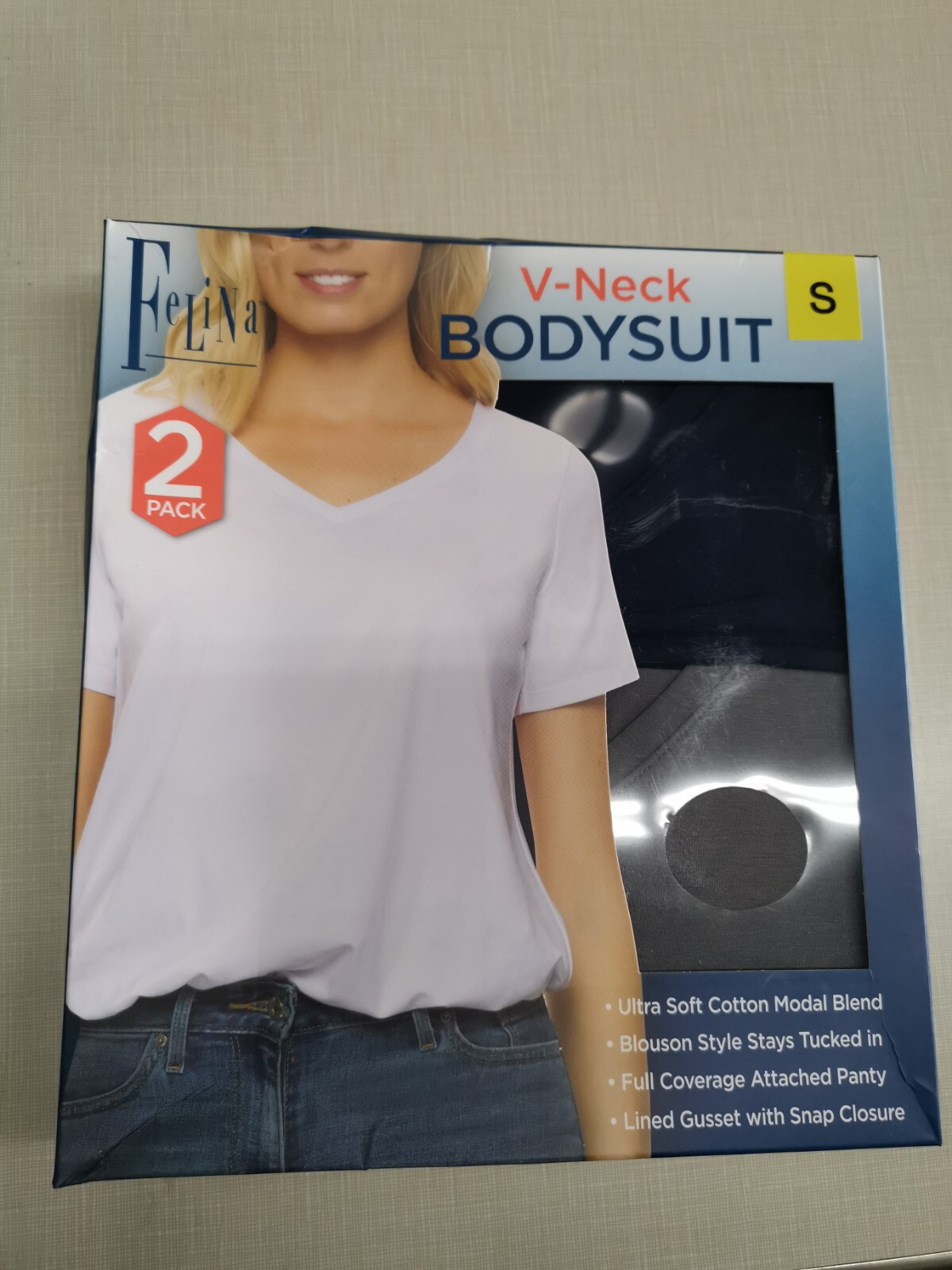 Felina 2 Pack V-Neck Bodysuit Blouson Style Full Coverage Ultra Soft SIZE S