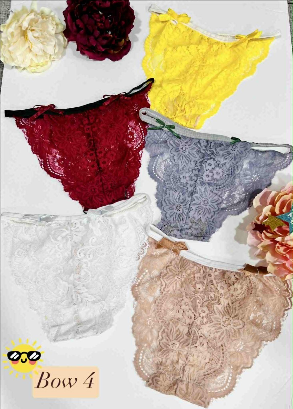 Pack of 5 Bow Decor Floral Lace Underwear for Women Stretching Colorful