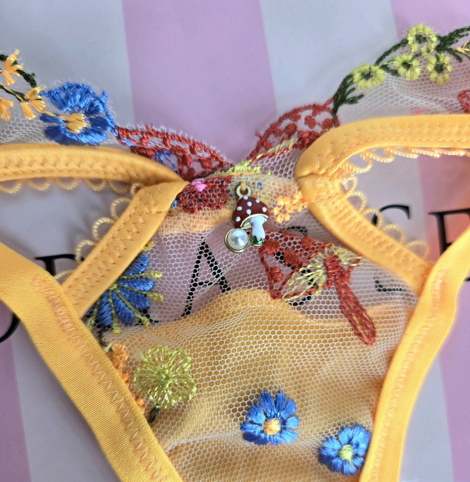 New XS For Love & Lemons Meadow Mushroom Embroidered Thong Orange Strappy Panty