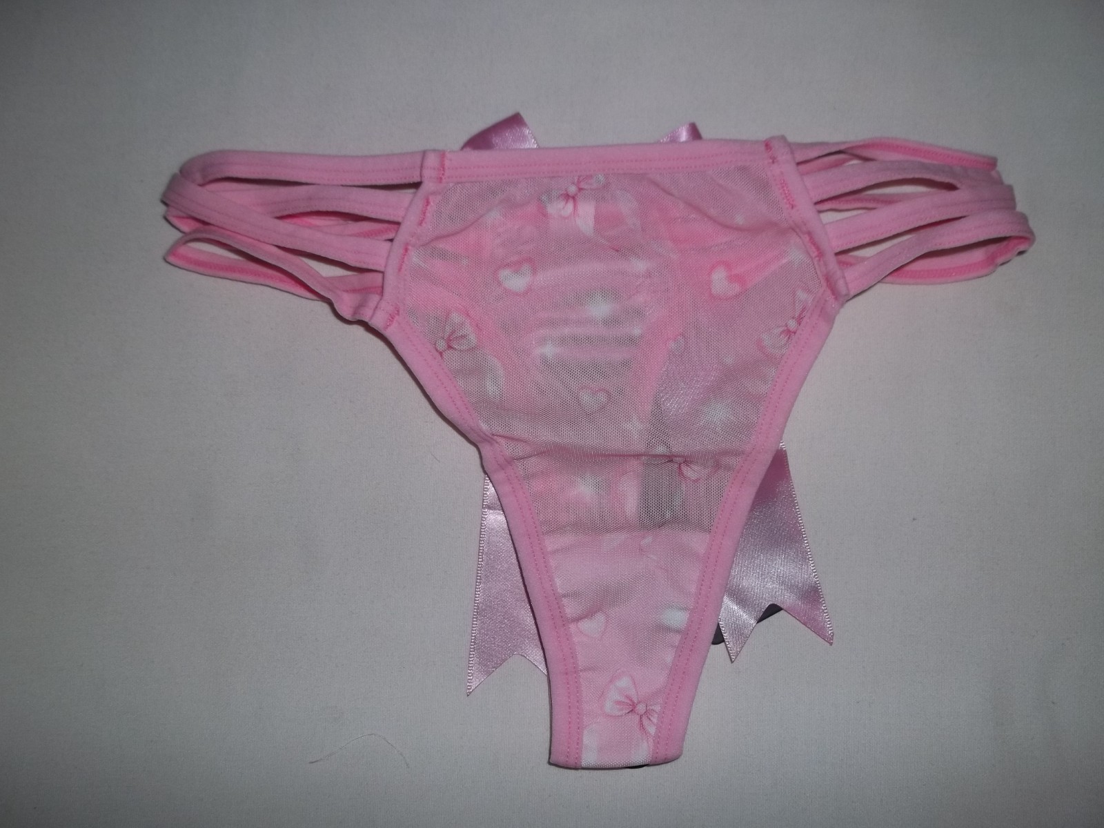 Romwe strappy sides sheer heart print mesh w/large bow rear thong panties S pink