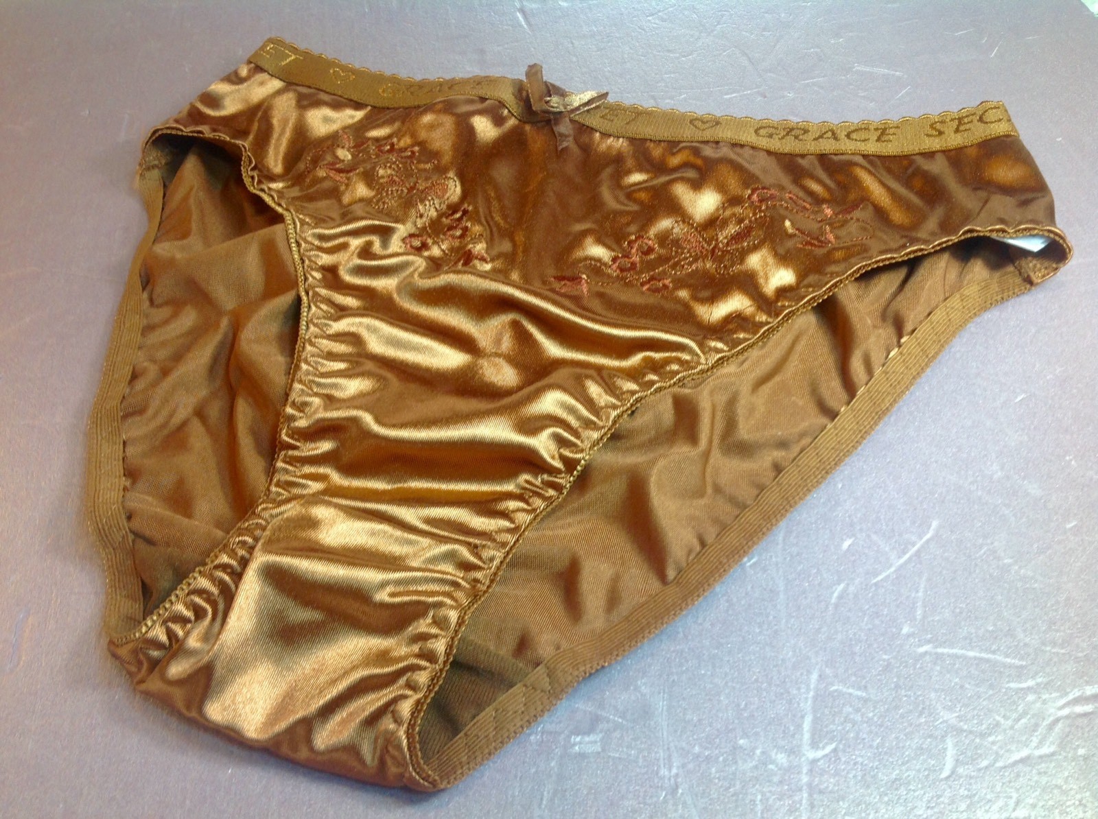 Women Panties Bikinis GRACE Size L. Bronze Brown Nylon Satin W/Decoration Elasti
