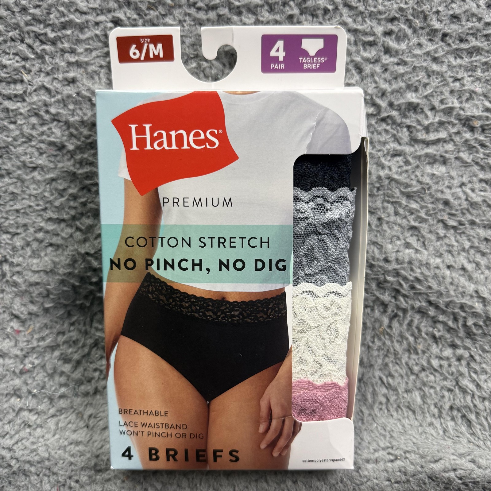 Hanes Premium Cotton Stretch Briefs Womens 6/M Lace Waistband 4 Pack Tagless