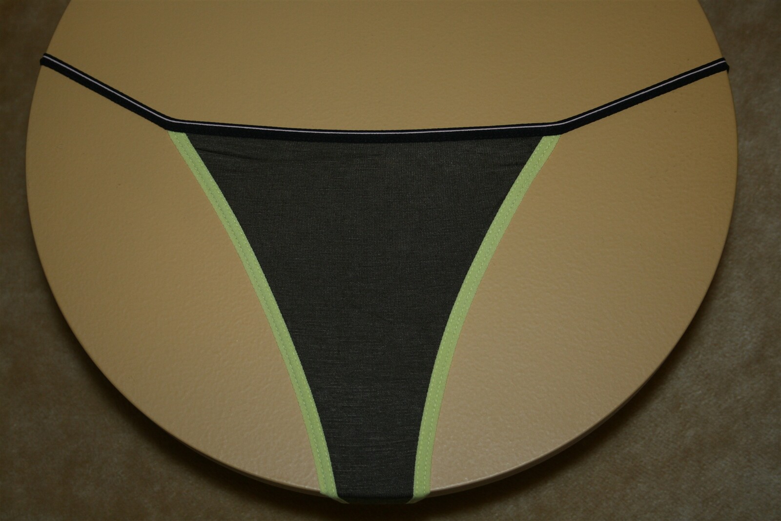 Brown Thong G-String With Yellow Bands & A Black Band w Pink Stripe – S