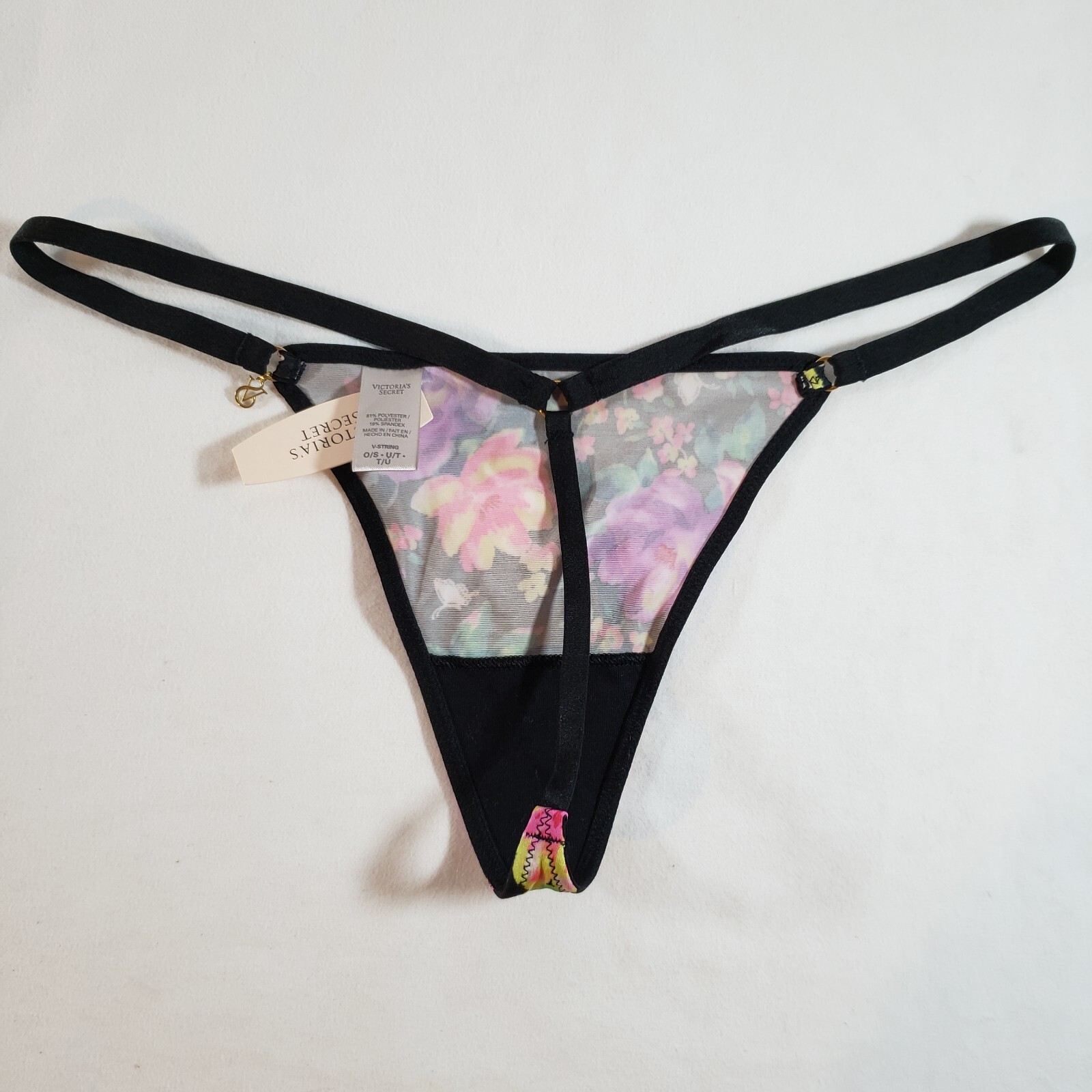 Victoria’s Secret Satin V-String Thong Black Pink One Size Sexy Gold Charm