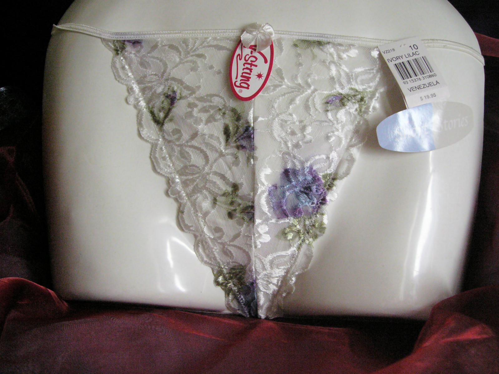 Short Stories purple floral pattern white ivory lace G-STRING knickers Size 10 M