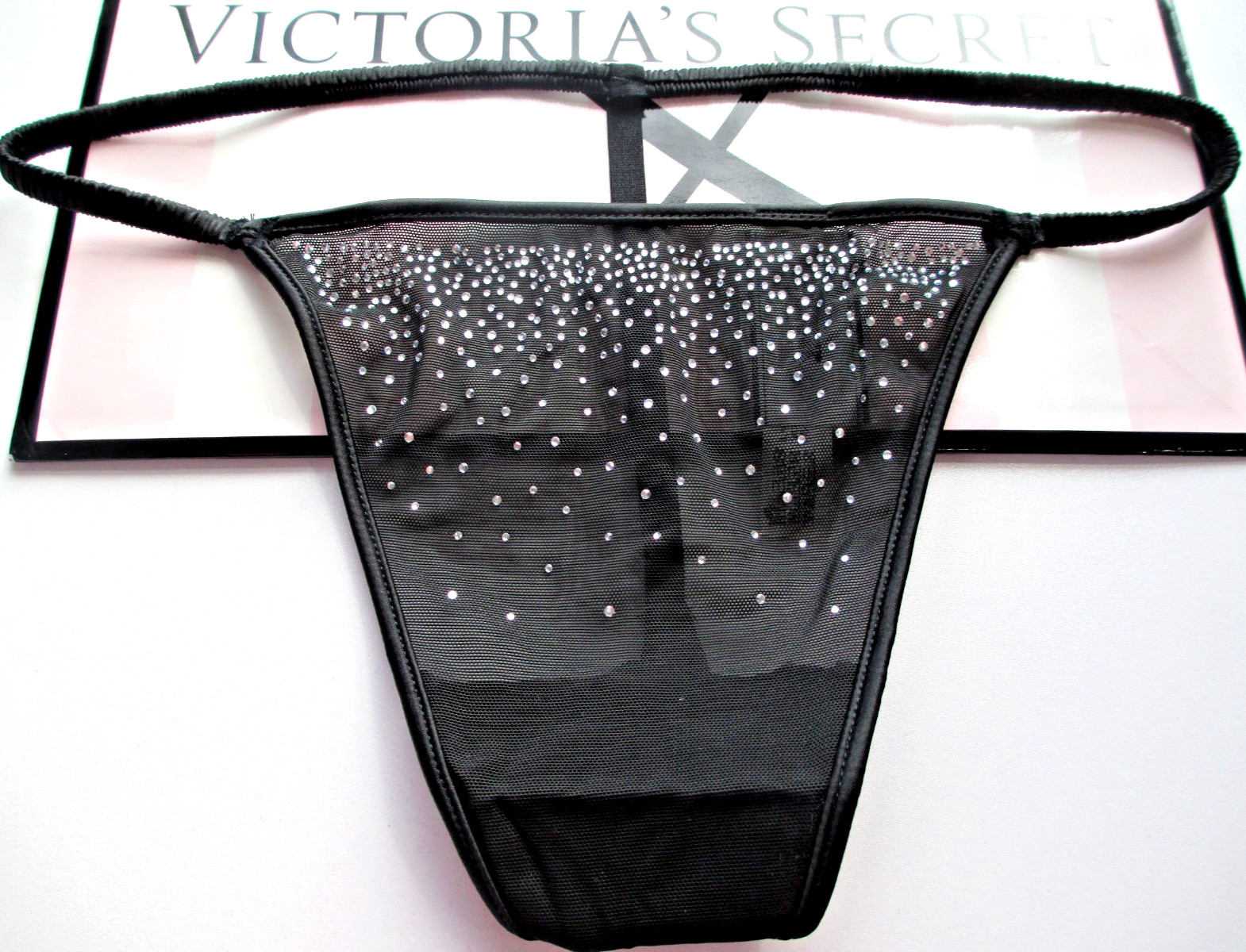 VICTORIA’S SECRET PINK Wink V-String Thong Panty M XL Black Shine FREE SHIP 4+