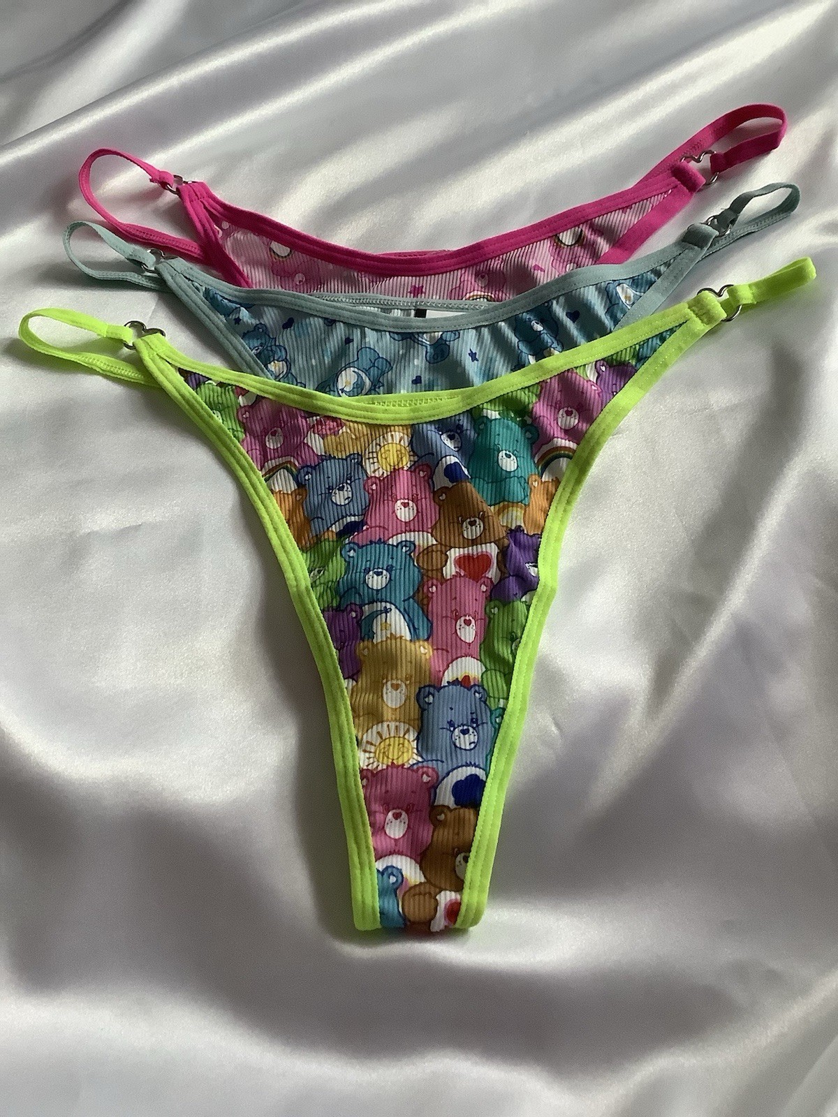 Women’s Teens Care Bears Thong Panties Kawaii Cartoon Pink Blue Green 3pk. Large
