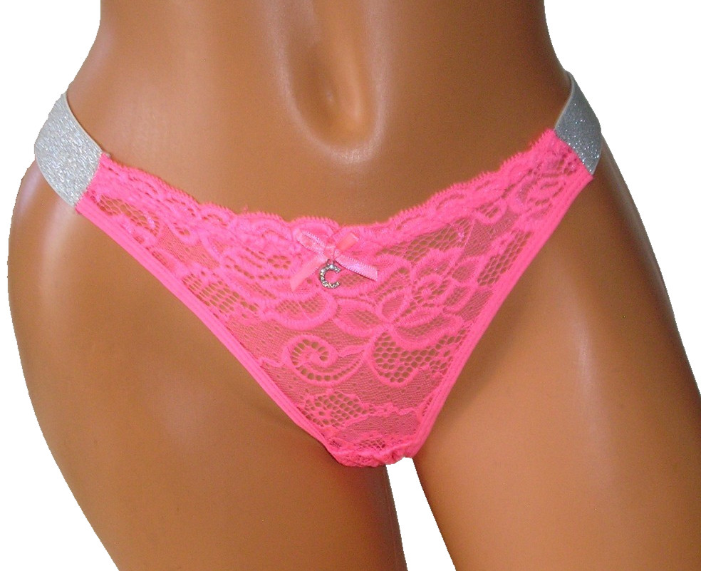 Panties Lingerie Shimmer Straps Rhinestone Accent Pink Lace Thong, Small