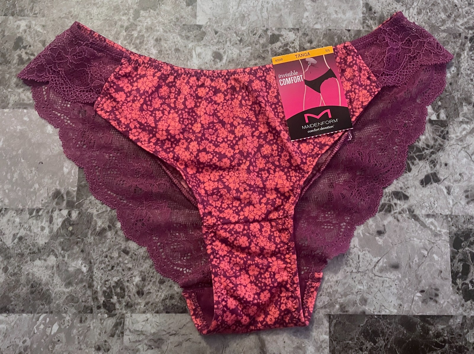 NWT MAIDENFORM SMALL SMOOTH PURPLE FLORAL LACE RUCHED TANGA CHEEKSTER PANTIES