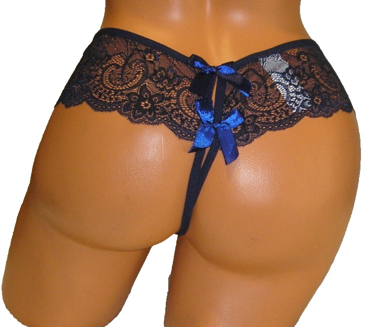 Panties Lingerie Bow Front & Back Dark Blue Lace Crotchless, 3XL Adult Gift