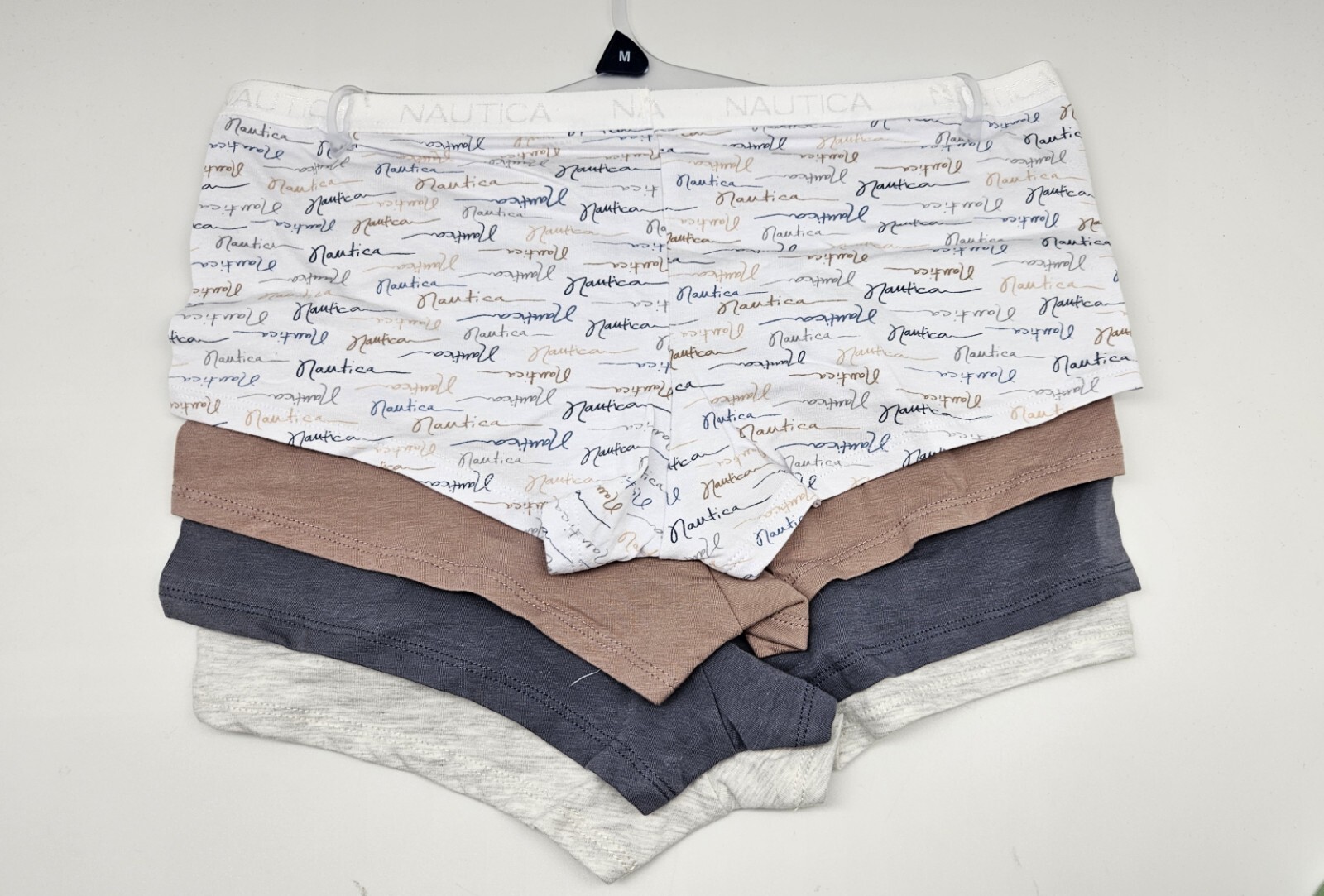 NAUTICA 4 Pack Women’s S M XL Cotton Logo Boy Shorts White Brown Navy Blue Gray