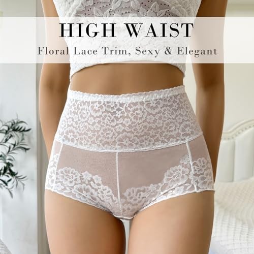 Women High Waisted Lace Underwear Tummy Large 4 Pack-black,white,khaki,green