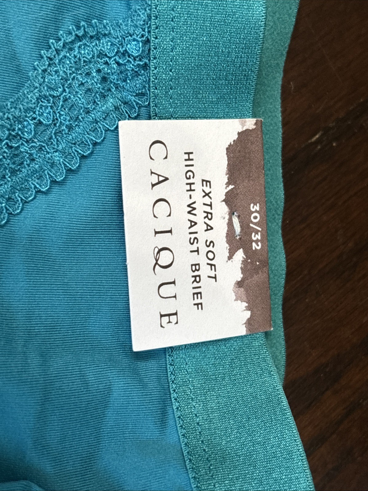 Cacique Extra Soft High Waist Brief 30-32 Teal With Lace Detail And Pink Bow NWT