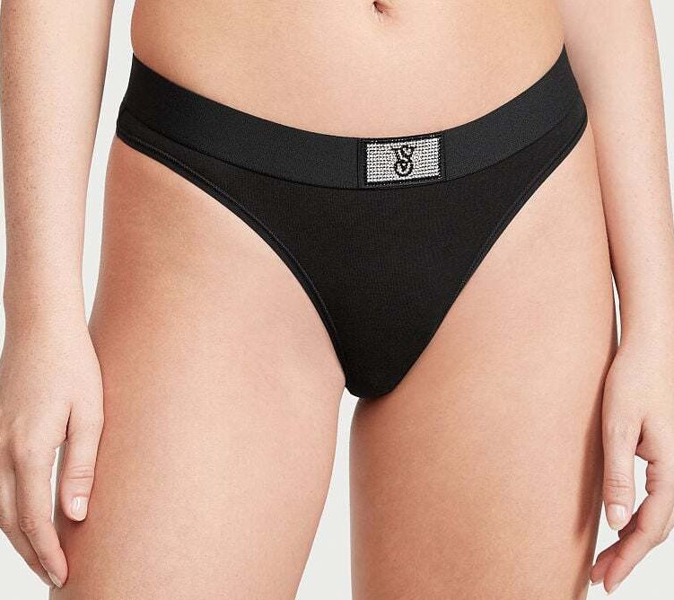 Victoria’s Secret Sexy Shine Patch Band Thong Blk Pantie Elegant Bling Logo NWT