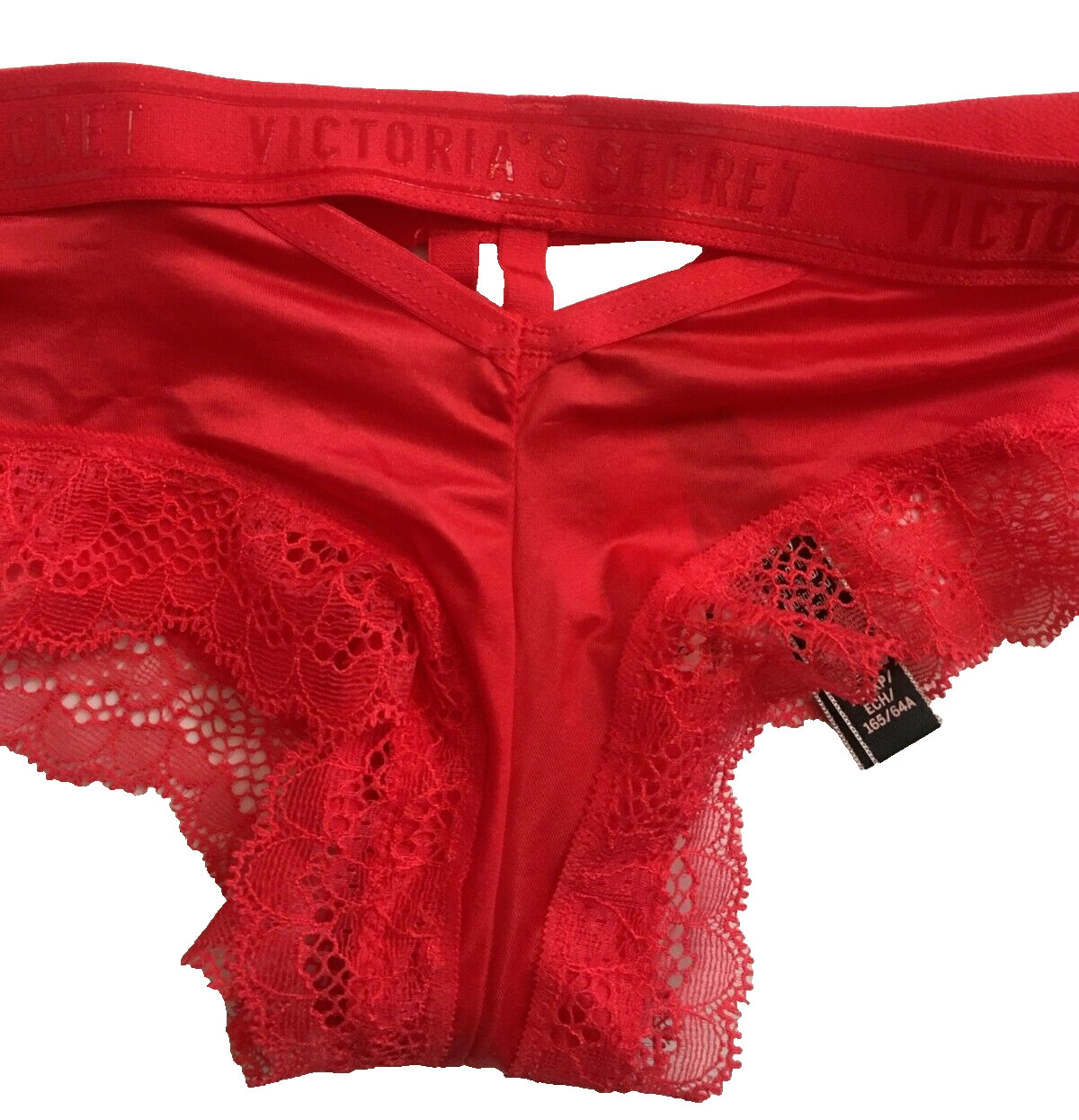 Victorias Secret Cherry Red Cheeky Panty Size XS Sport Logo Band Silky Lace Trim