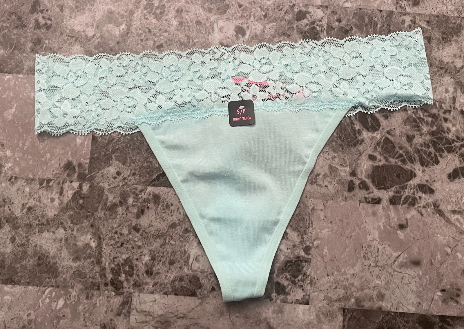 NWT LA SENZA SMALL AQUA GREEN COTTON BLEND FLORAL LACE BAND THONG PANTIES