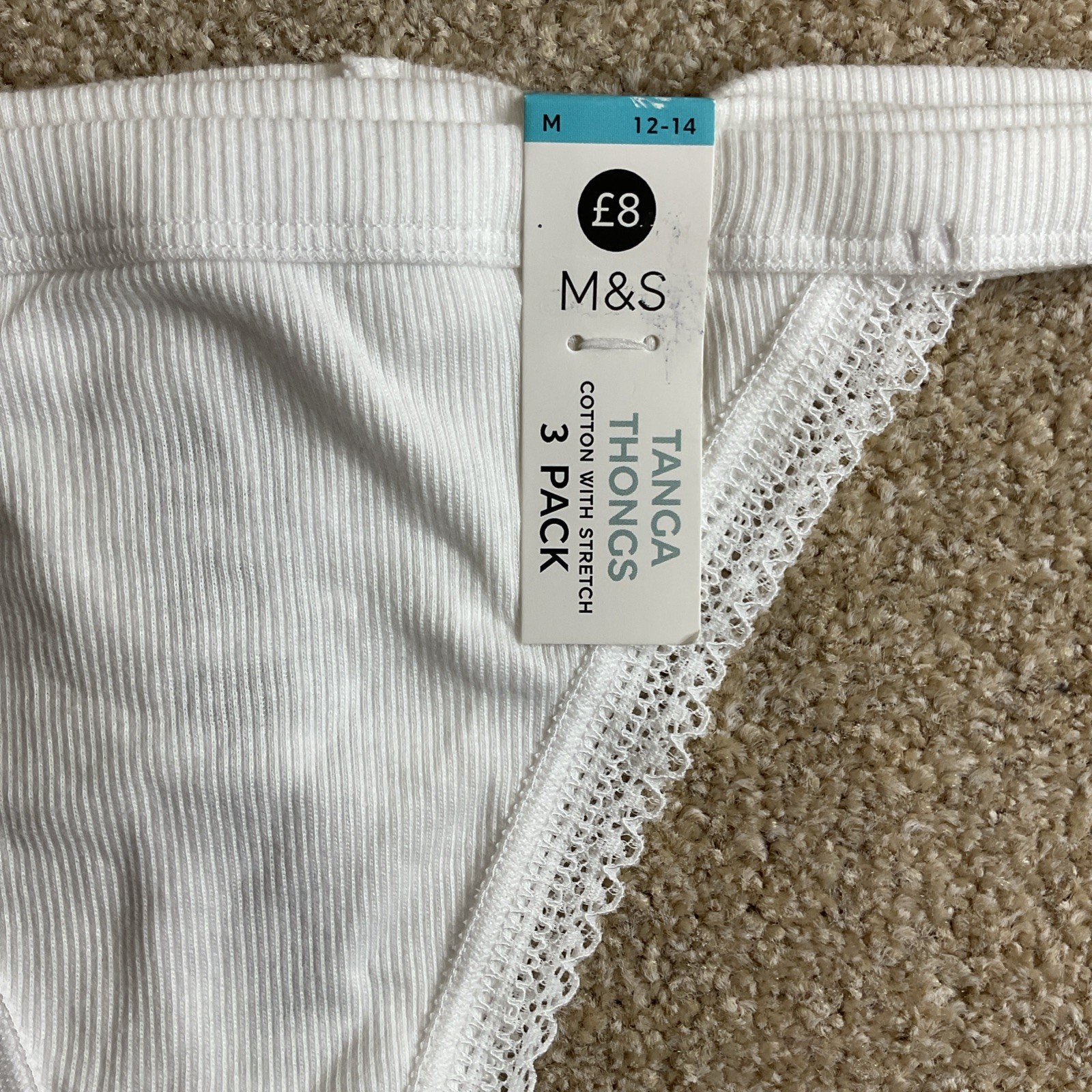 M&S 3 PACK Size Medium 12-14 Tanga Thongs Knickers Cotton Stretch White M Thong