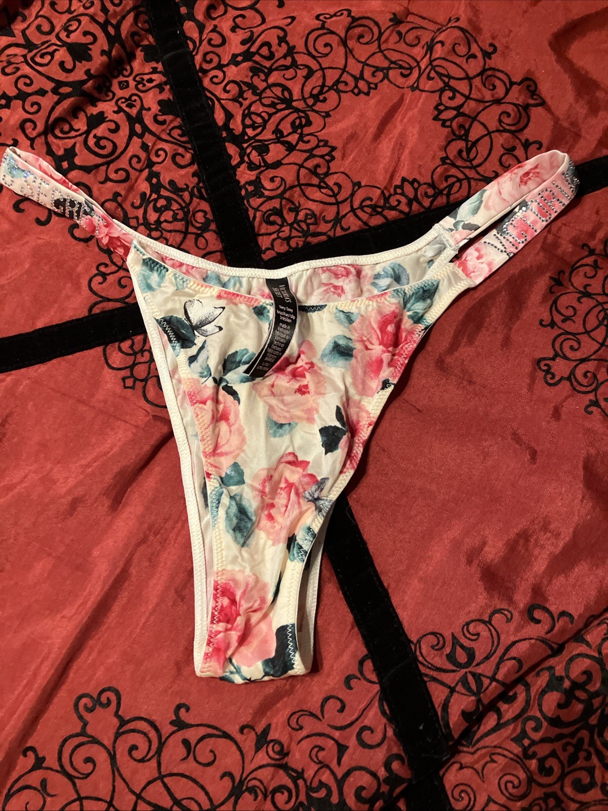 Victoria’s Secret S Panty BRAZILIAN floral green PINK rose PEONY SHINE STRAP