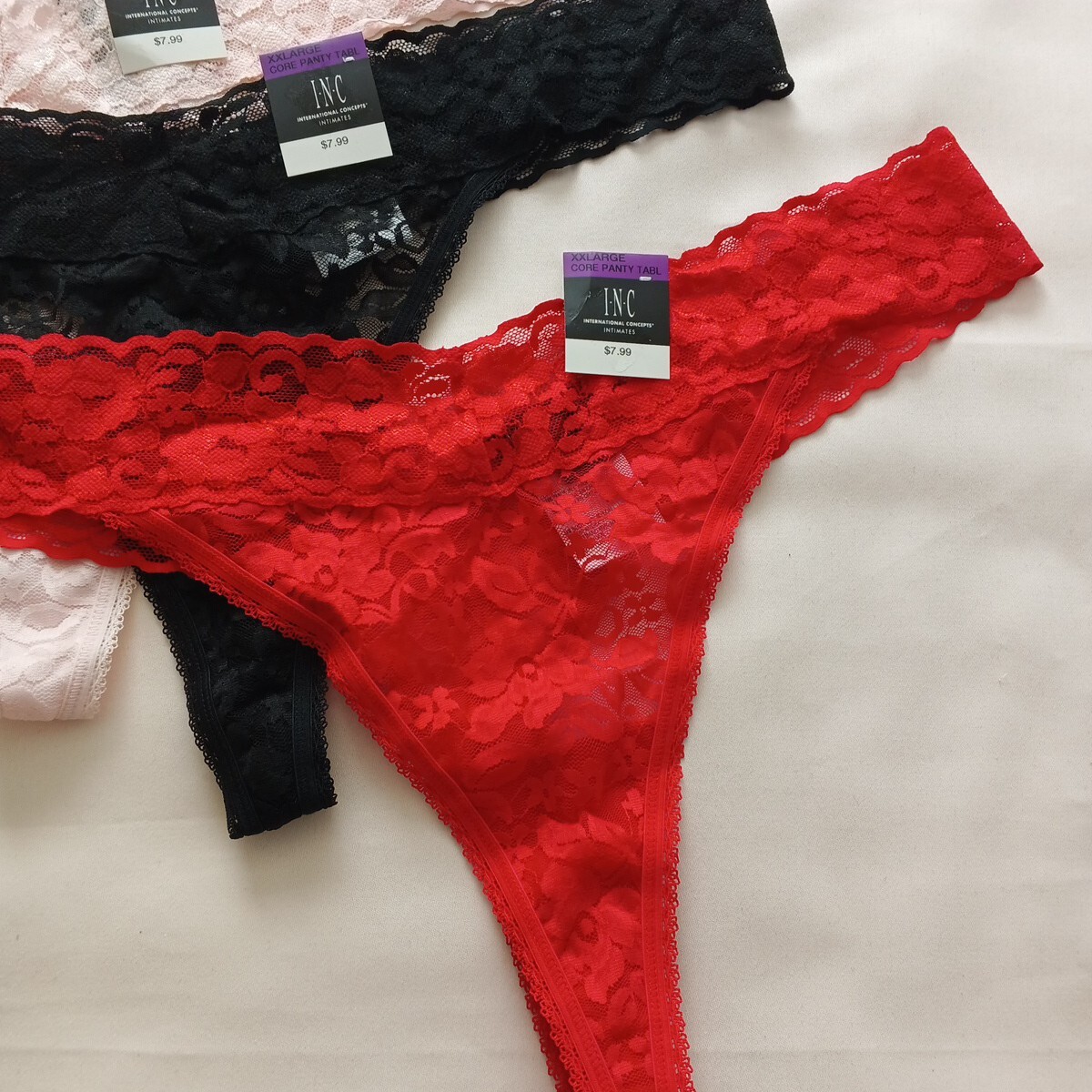 3 Pack INC Women Sexy Lace Thong Size 2XL Multicolor Spandex Nylon