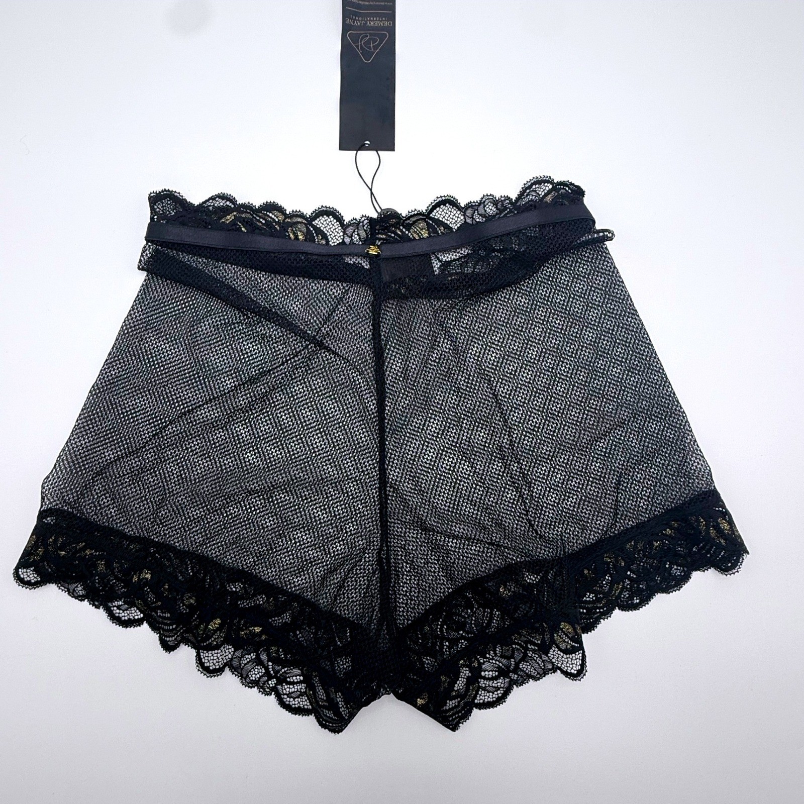 Demery Jayne Black Mesh Lace Shorts Gold Metallic Trim Medium Sheer Layring NWT