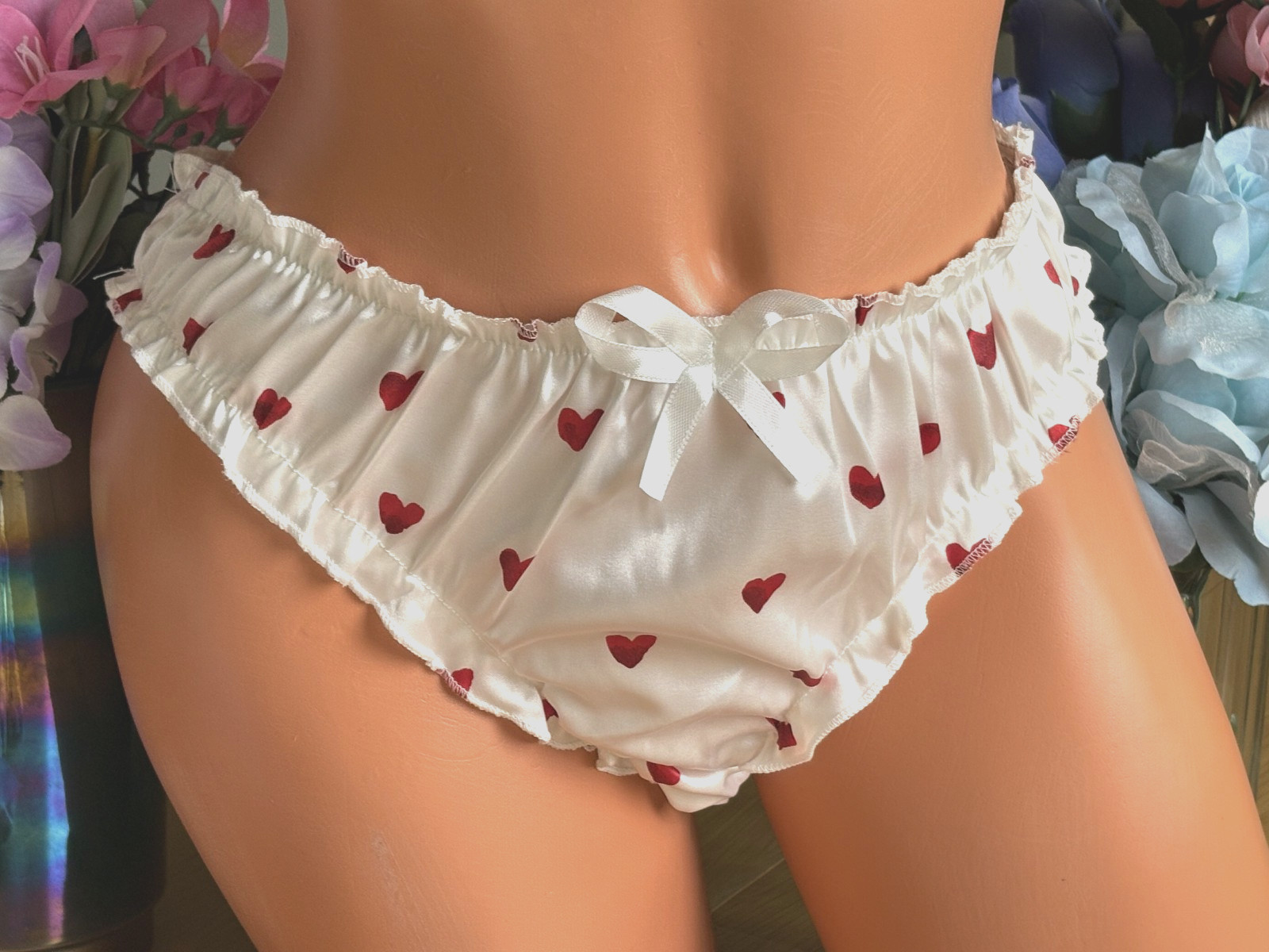 Red Hearts on White 8/XL Second Skin SATIN Cheeky Bikini Panties #SR32