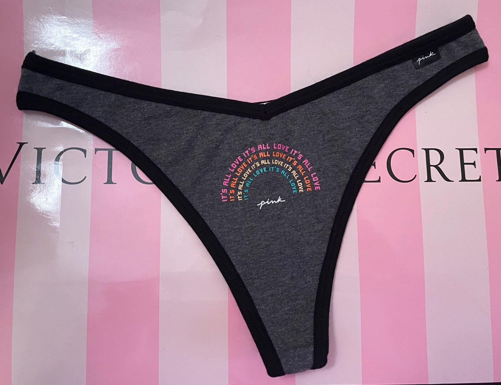 NWT VICTORIA’S SECRET PINK GRAY ORANGE GREEN RAINBOW IT’S ALL LOVE THONG PANTIES