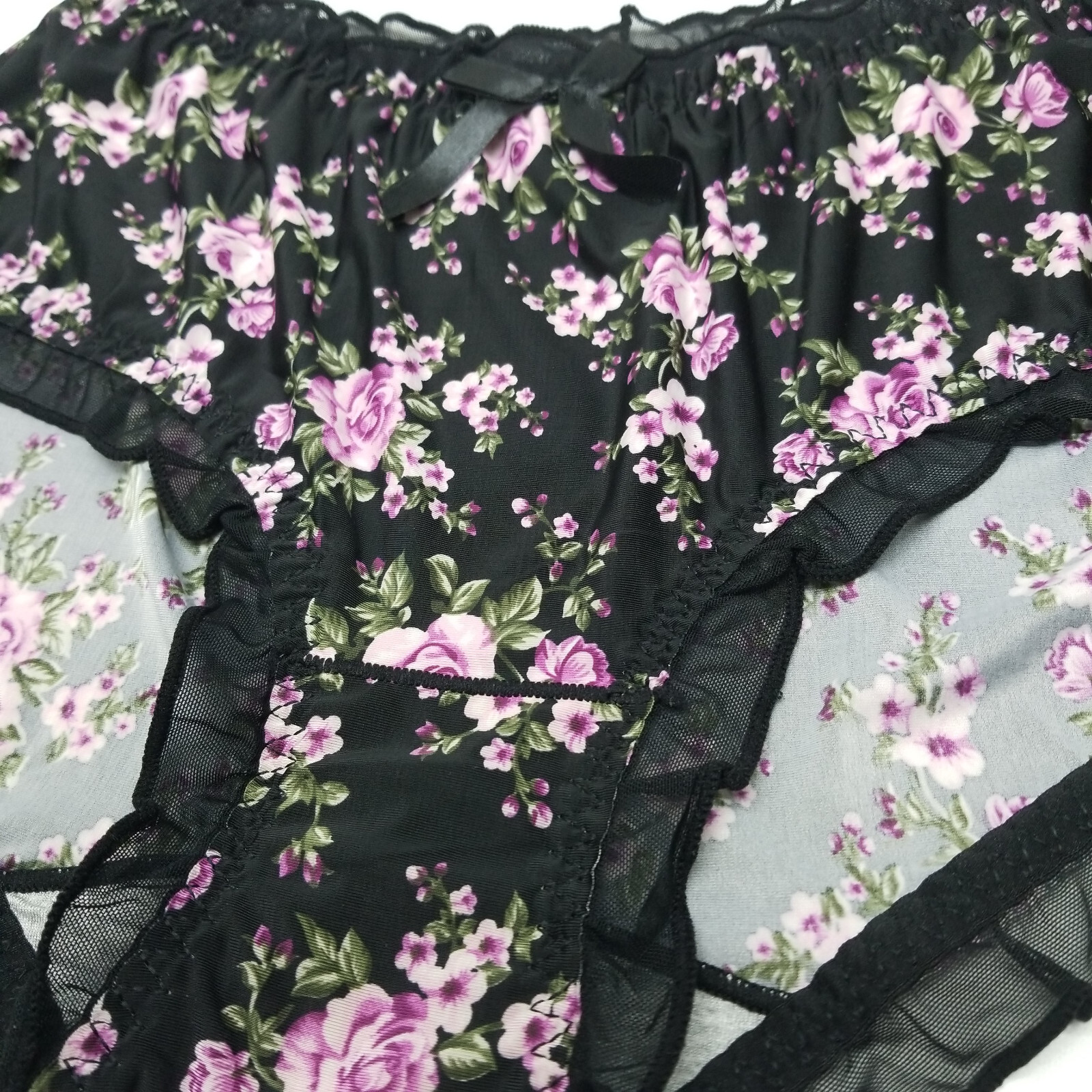 Floral Black Mesh Ruffle Lace Underwear Panties Size M – L Romantic Flowers