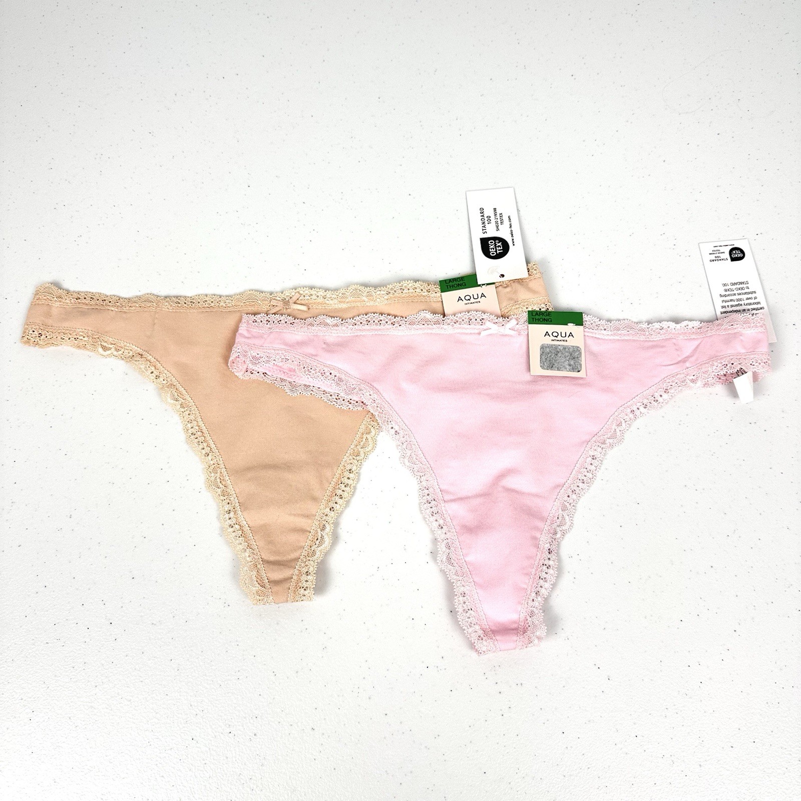 AQUA Bloomingdales Thong Panties Set Large Pink & Nude 95% Cotton 5% Spandex New