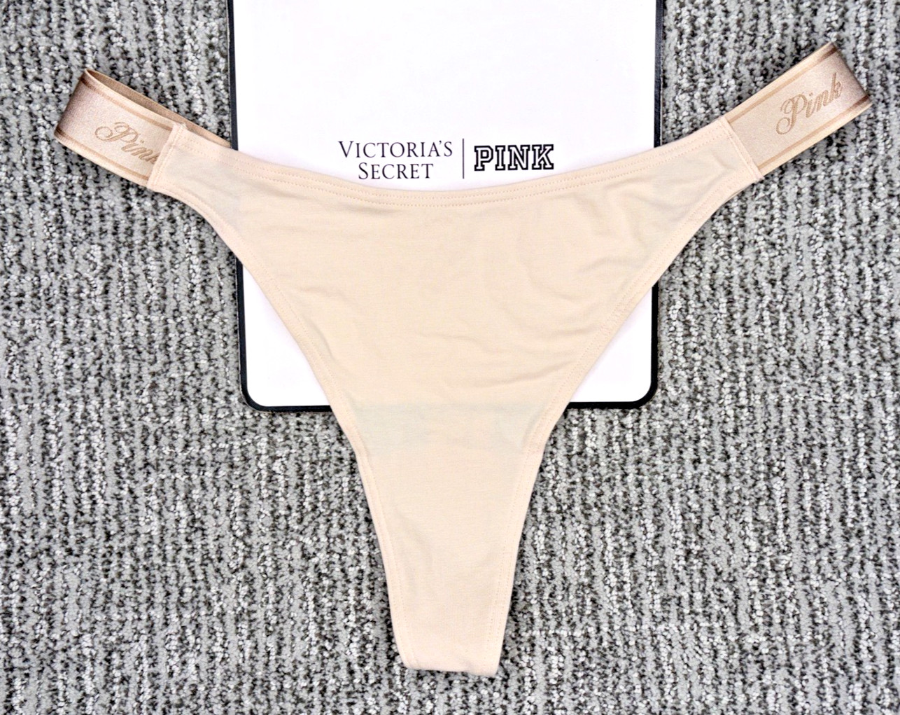 Victoria’s Secret PINK NWT Medium Beige High Leg Thong Panty Cute Spellout Sexy