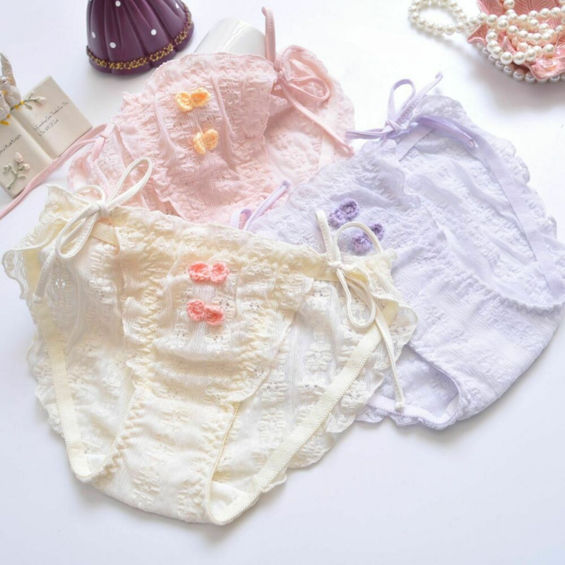 3pcs Womens Panties Ruffle Frilly Panties Bow Deco Straps Side Tie Panty Korean