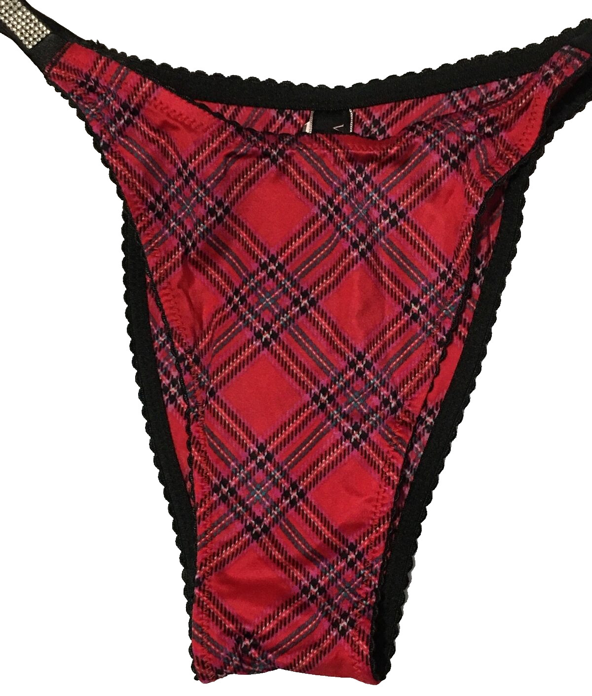 Victoria’s Secret Red Plaid Shine Strap Brazilian Panties M Rhinestones Sparkle