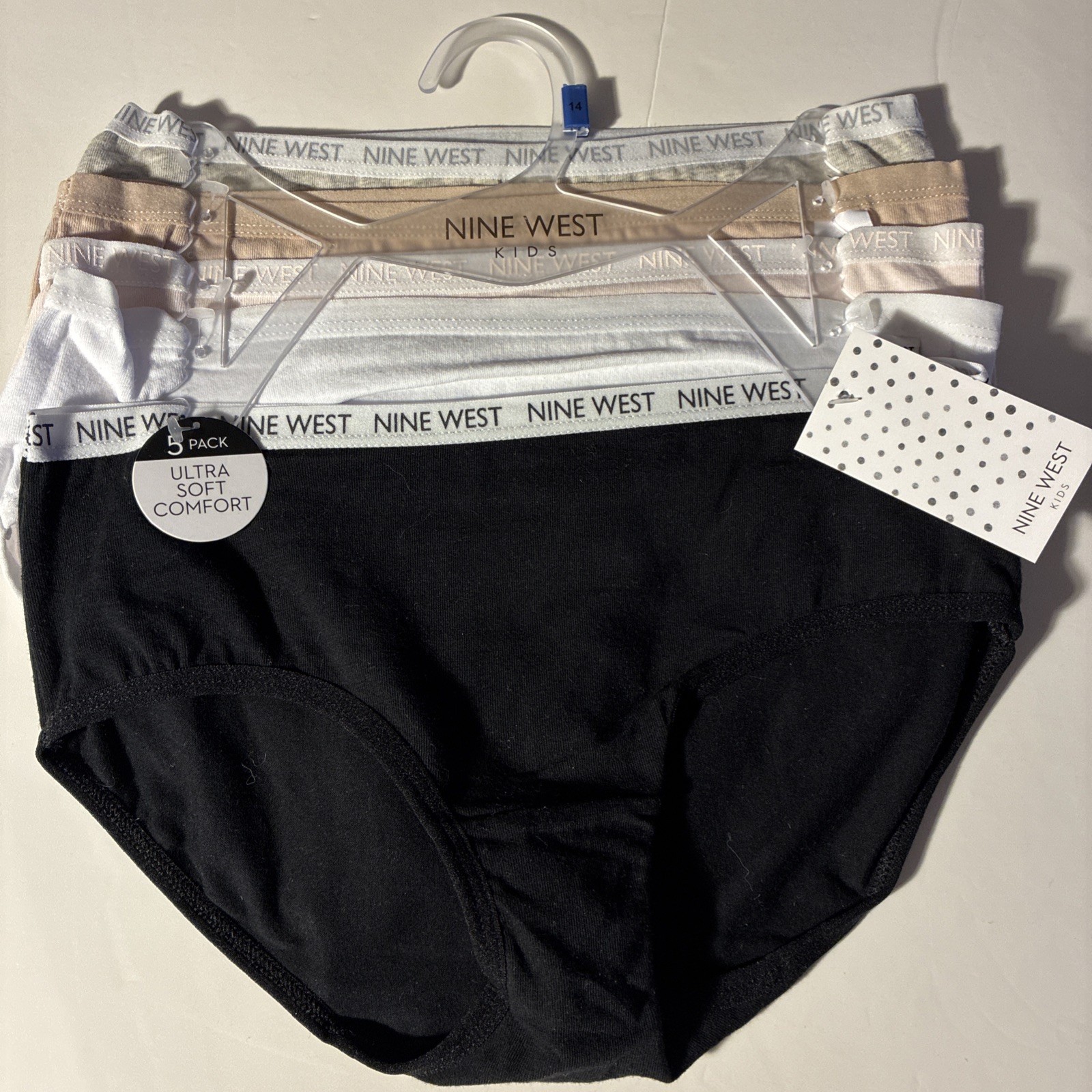 ✅NWT NINE WEST 5 Pk Kids Size 14 Cotton Brief Logo Panties Beige Gray White Blk.