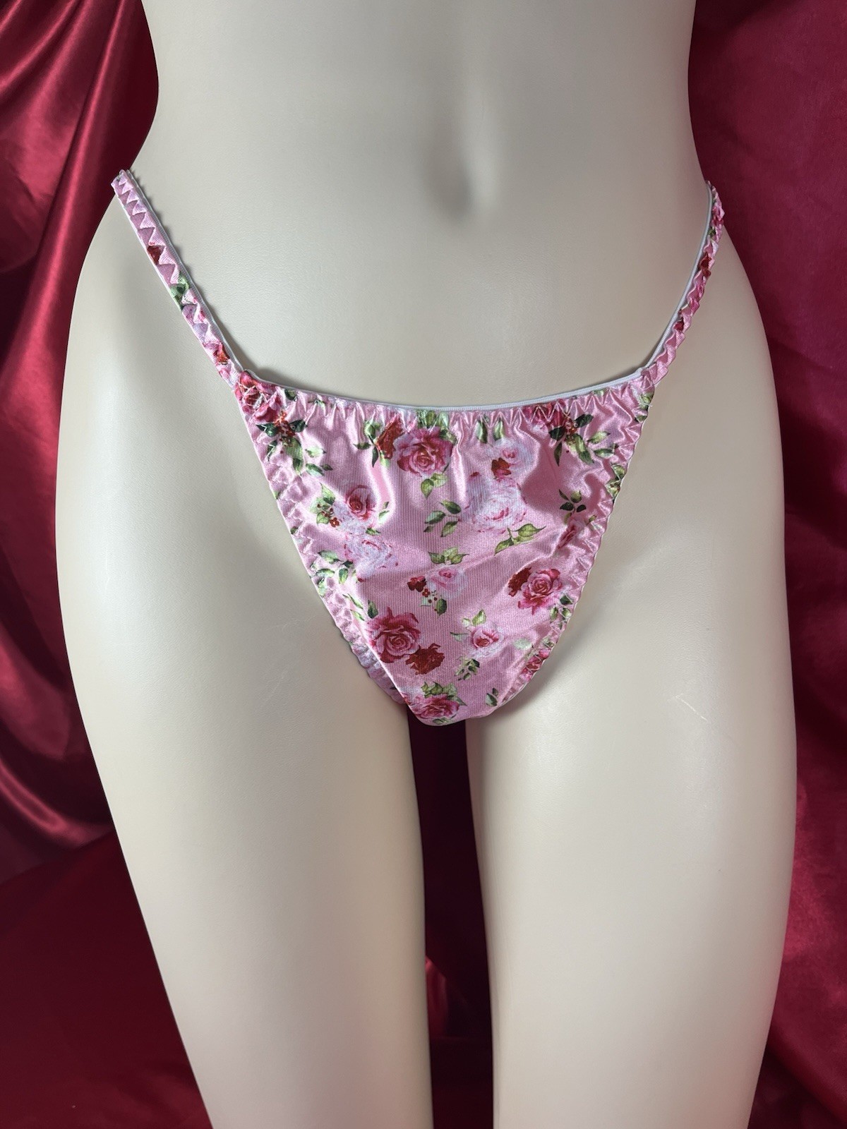 Pink With Delicate Pink And White Roses Satin String Bikini Panties Size X Large