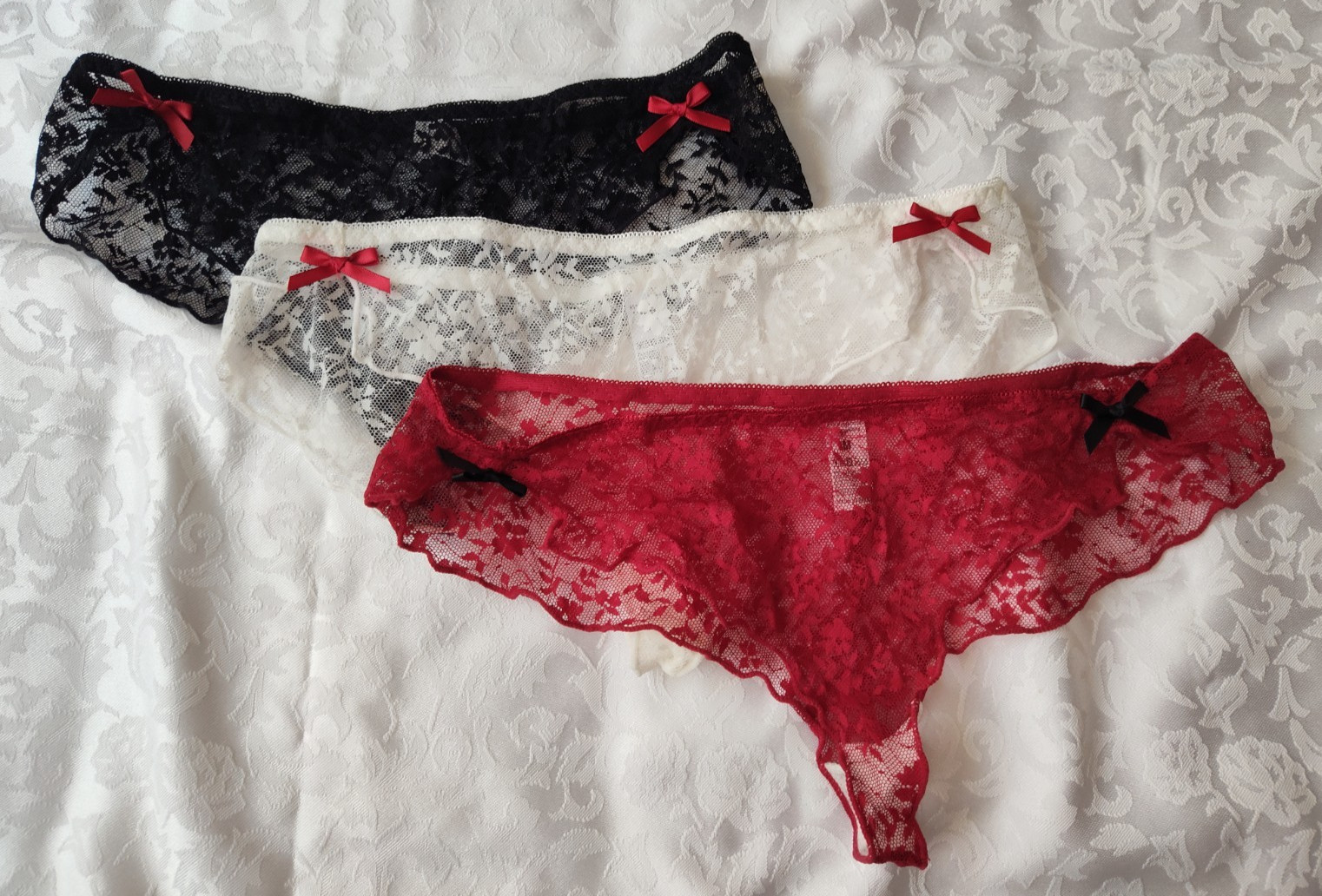 Women’s Lace Transparent Panties Lot (3) White, Red, Black Bow Accents Size M
