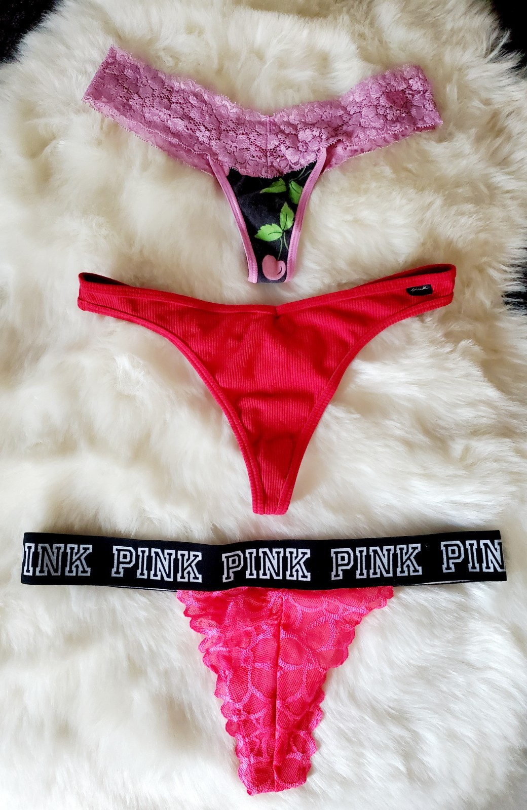 Victoria’s Secret Y2K PINK Panty Thong Lot of 3 Logo Band Cherry Print Lace XS/M