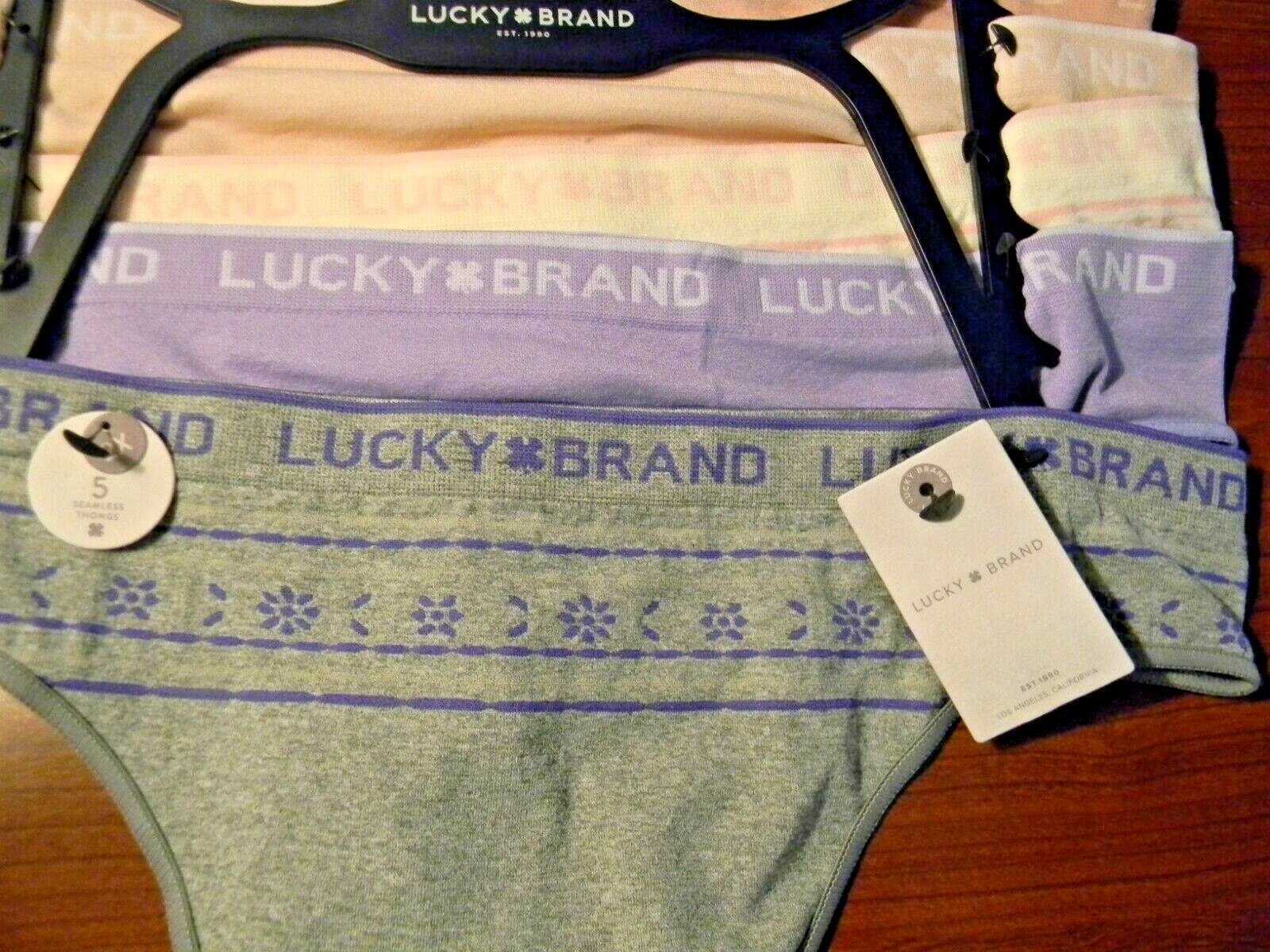 Lucky Brand, 5 Pack Seamless Thongs ( 2X) Grey & Pink Floral , Lilac, Pink, Rose
