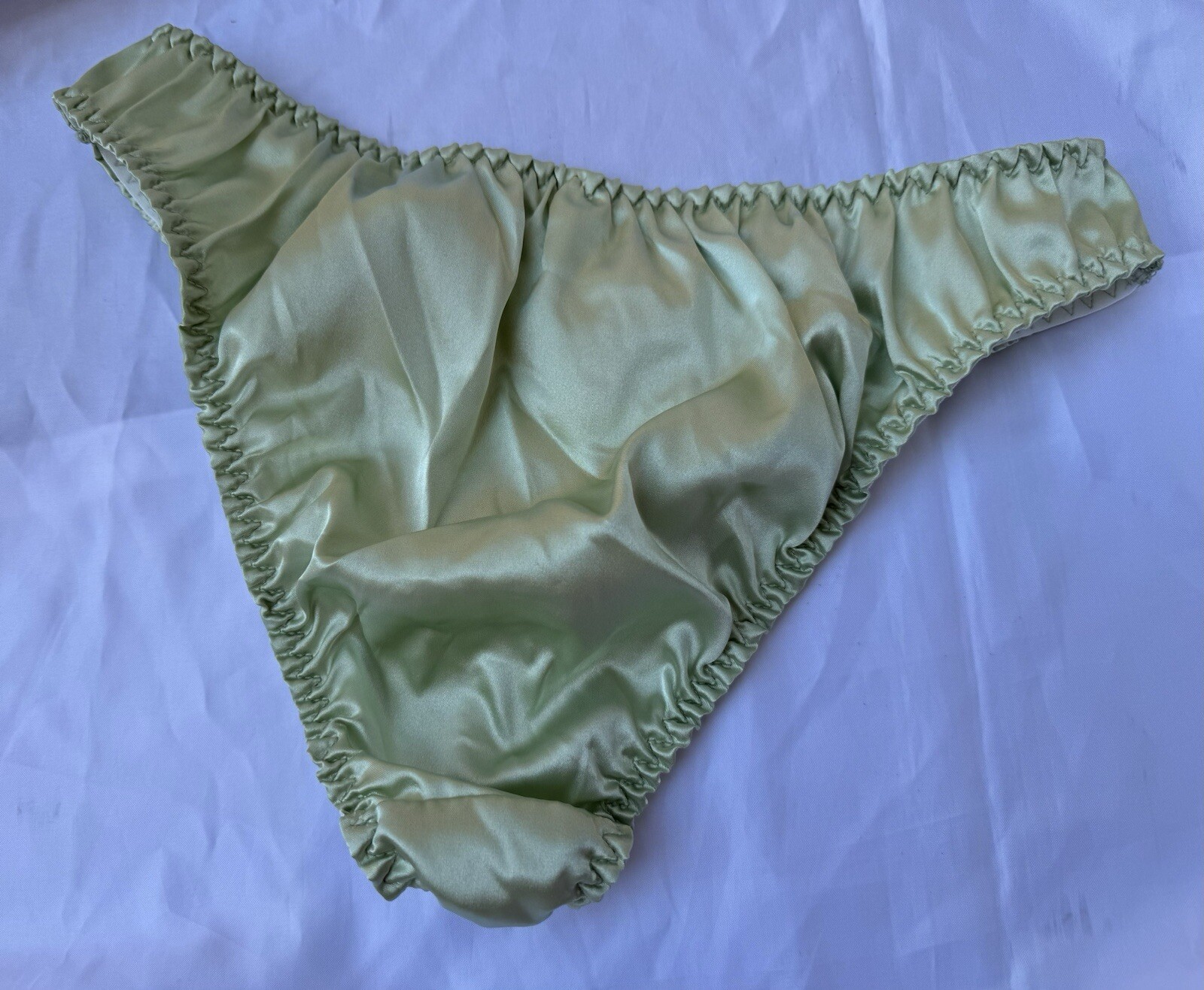 Light Moss Green Silky Satin Bikini Panties Ruffle Black Side Bows Sz XL