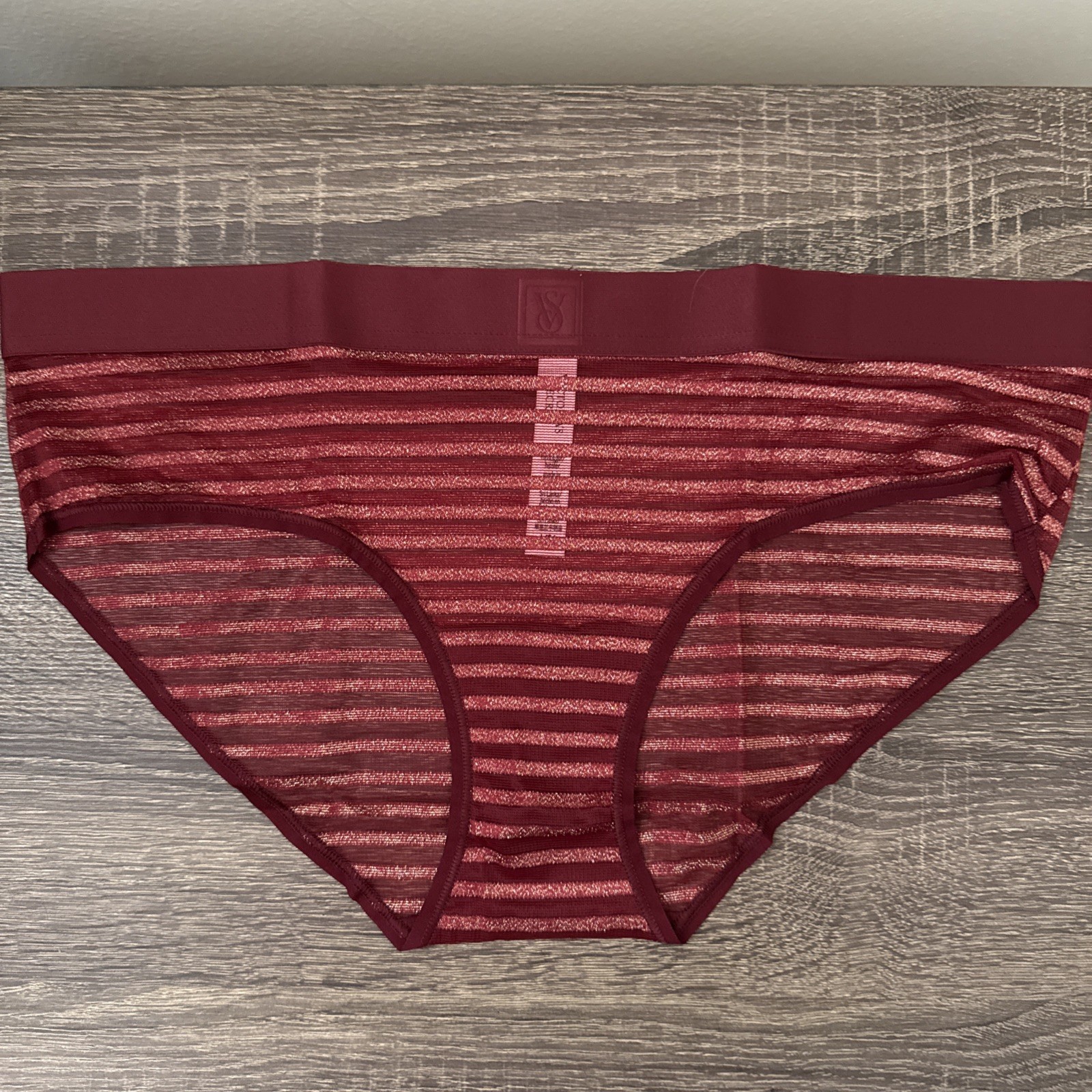 Victoria’s Secret Large Burgundy, Sheer Mesh Stripe Hipster Panties