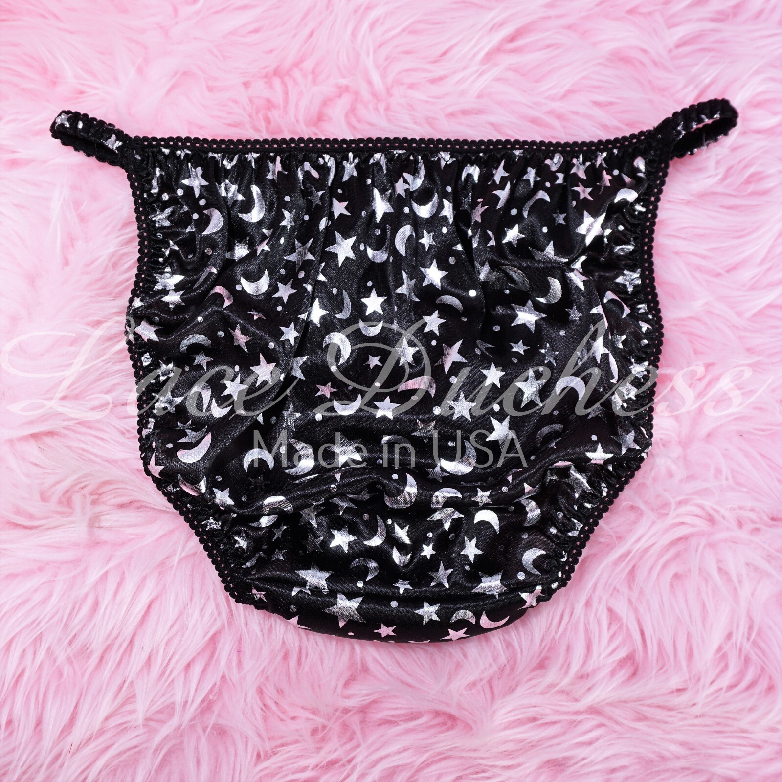 HALLOWEEN Satin Sissy DUCHESS Black Satin Foil Star ladies bikini panties sz 5