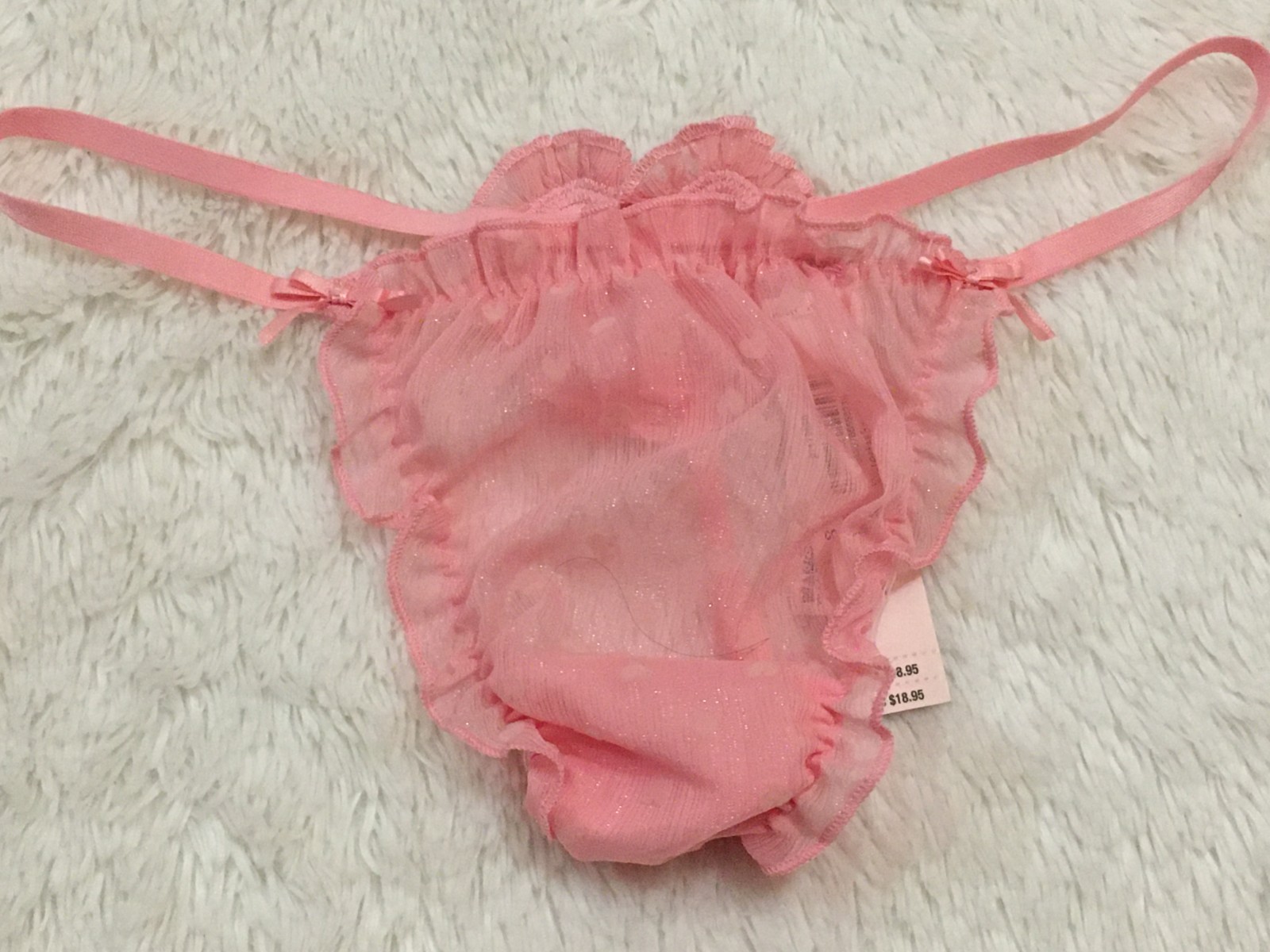 S VICTORIA’S Secret HEART CHIFFON STRAP V-STRING Thong Panty Flocked Ruffle Pink