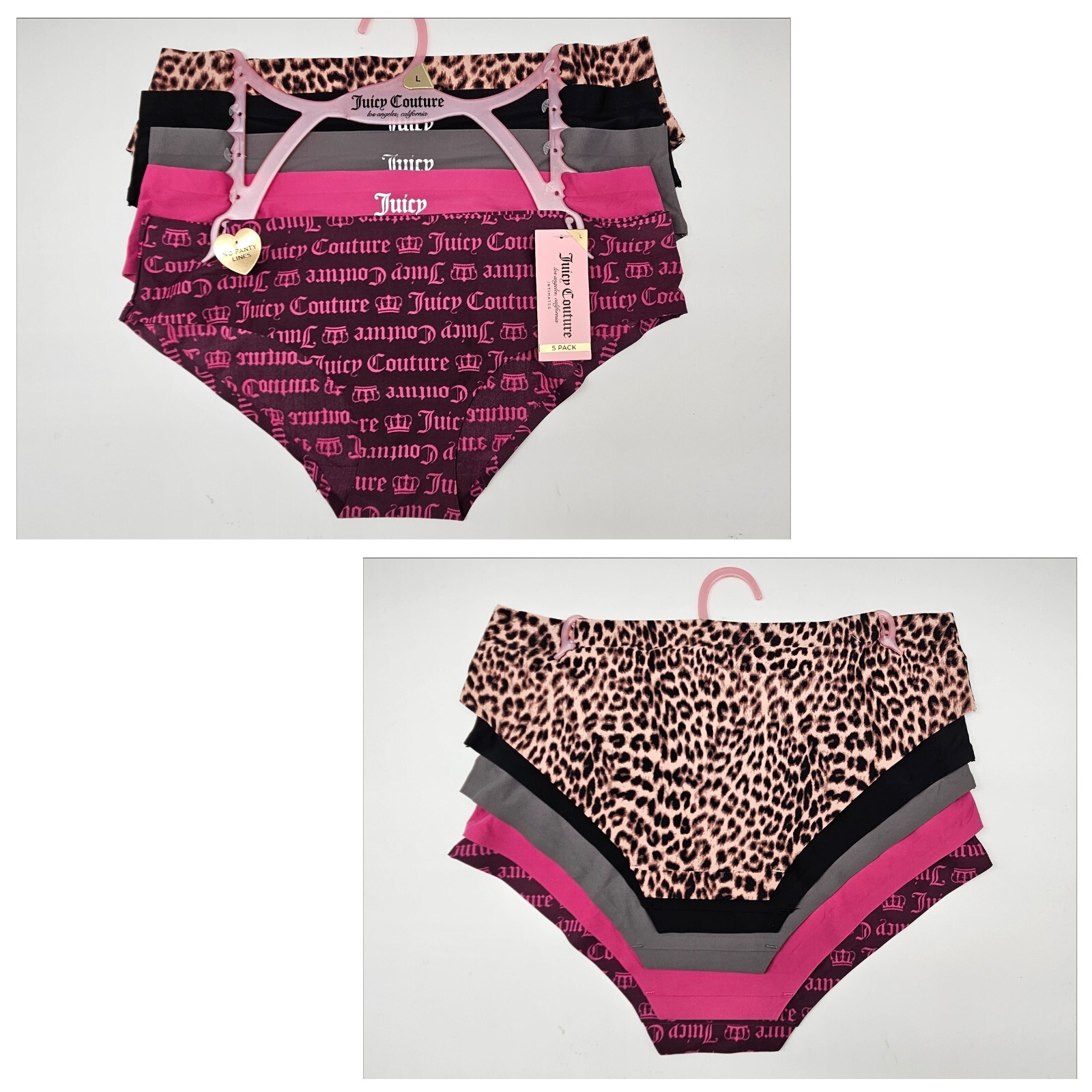 JUICY COUTURE 5 Pk Women’s L XL Logo No Lines Panties Black Pink Gray Beige