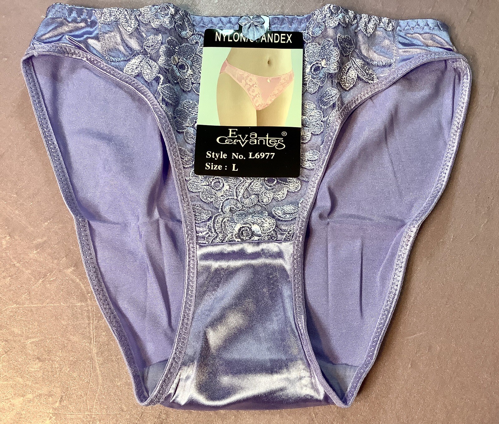 Women Panties,Bikinis “Eva Cervantes” Size S. Lavender Satin Floral W/decoration