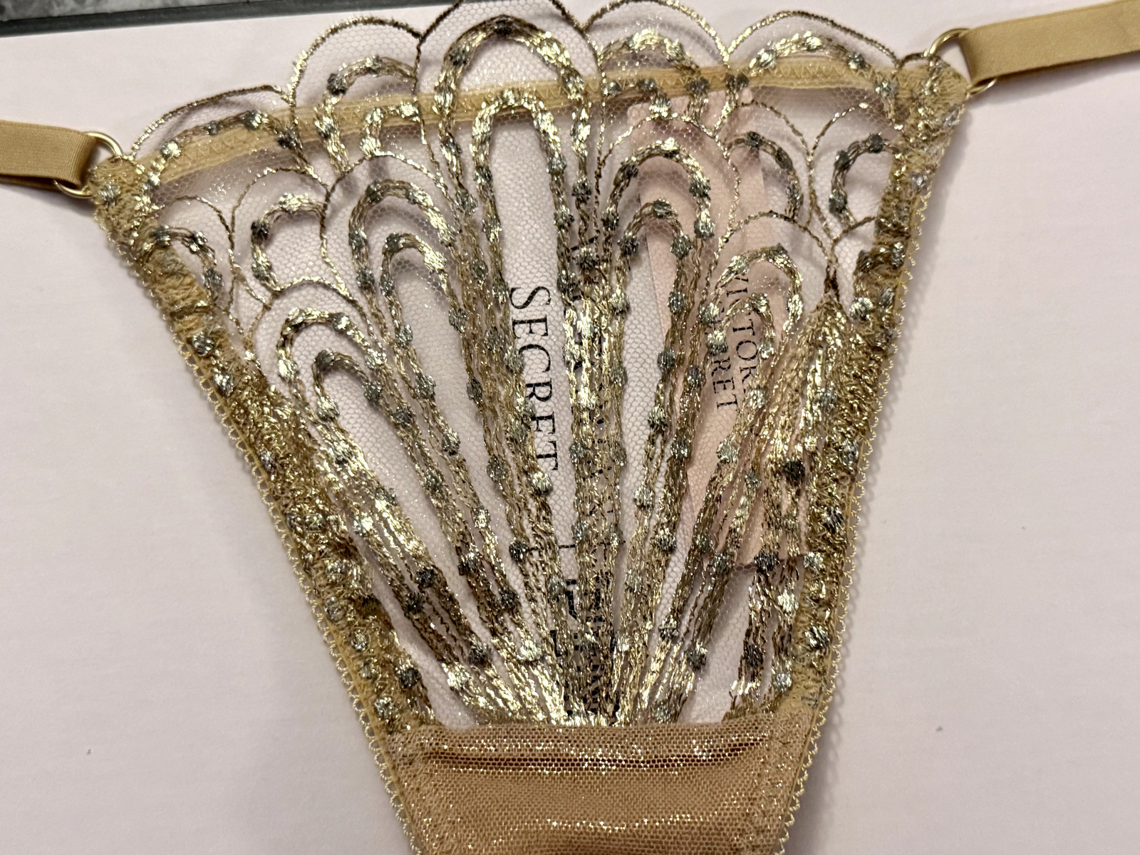 VICTORIA’S SECRET GOLD EMBROIDERED ADJUSTABLE STRAP SHOWGIRL V STRING PANTIES