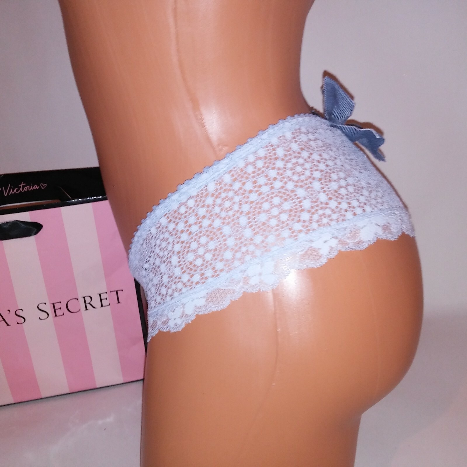 Victoria Secret Panty Wide Side Thong XS Light Blue Lace Bow Back Dream Angels N