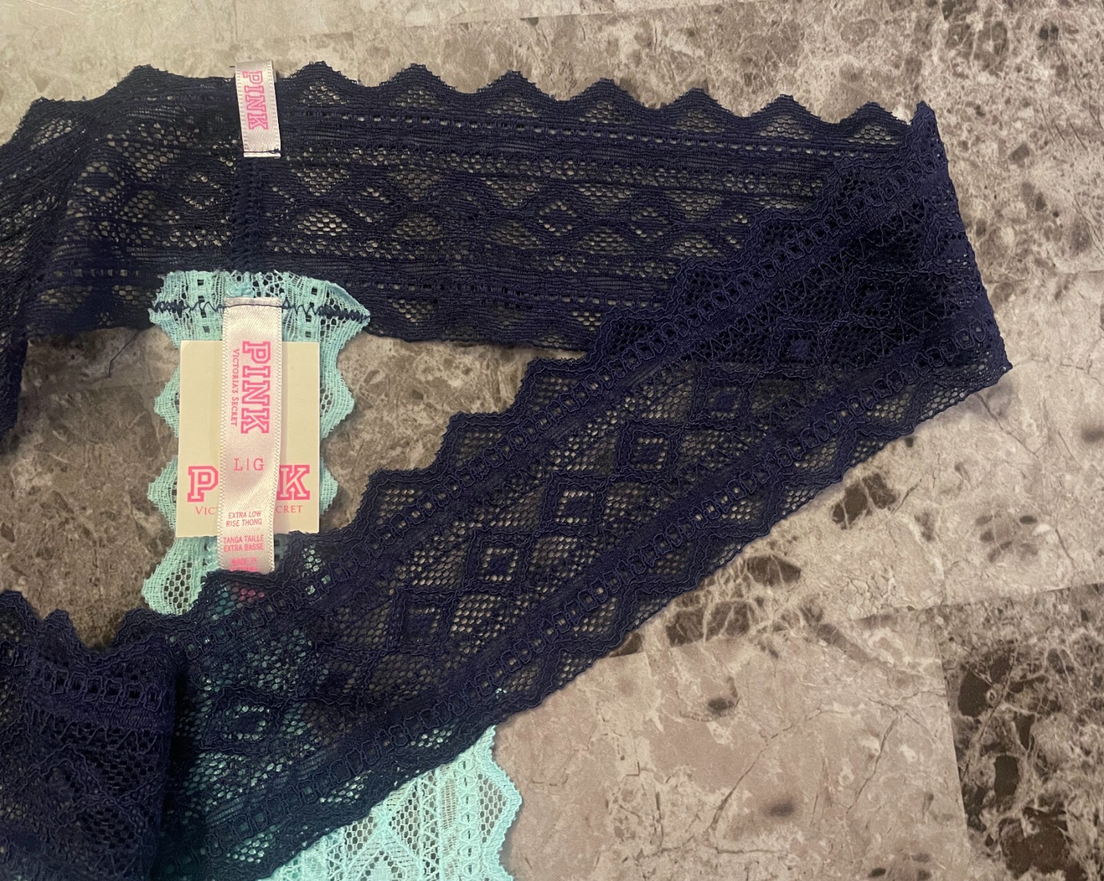 VICTORIA’S SECRET PINK L AQUA NAVY BLUE GEOMETRIC GEO LACE RARE THONG PANTIES