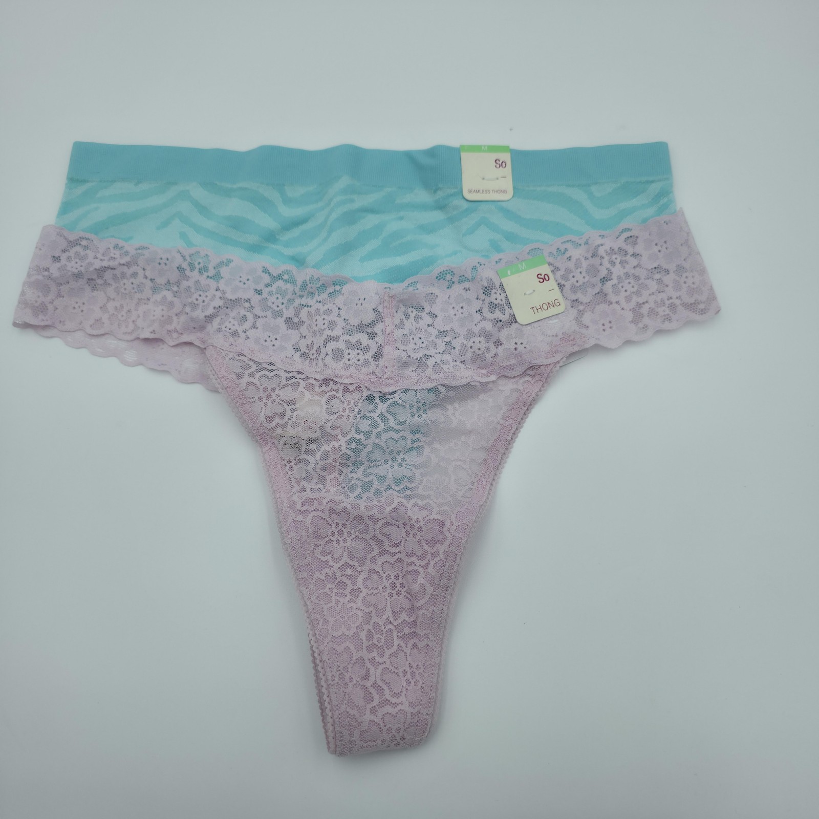 SO Intimates Thong Underwear Womens Medium Aqua Seamless Zebra + Orchid Lace 2pc