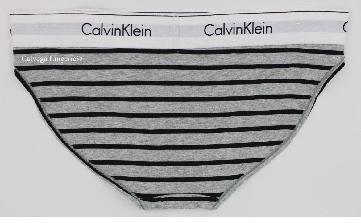 NWT Calvin Klein F3787 “Modern” Logo Cotton Bikini, Gray w/ Black Stripes Size S