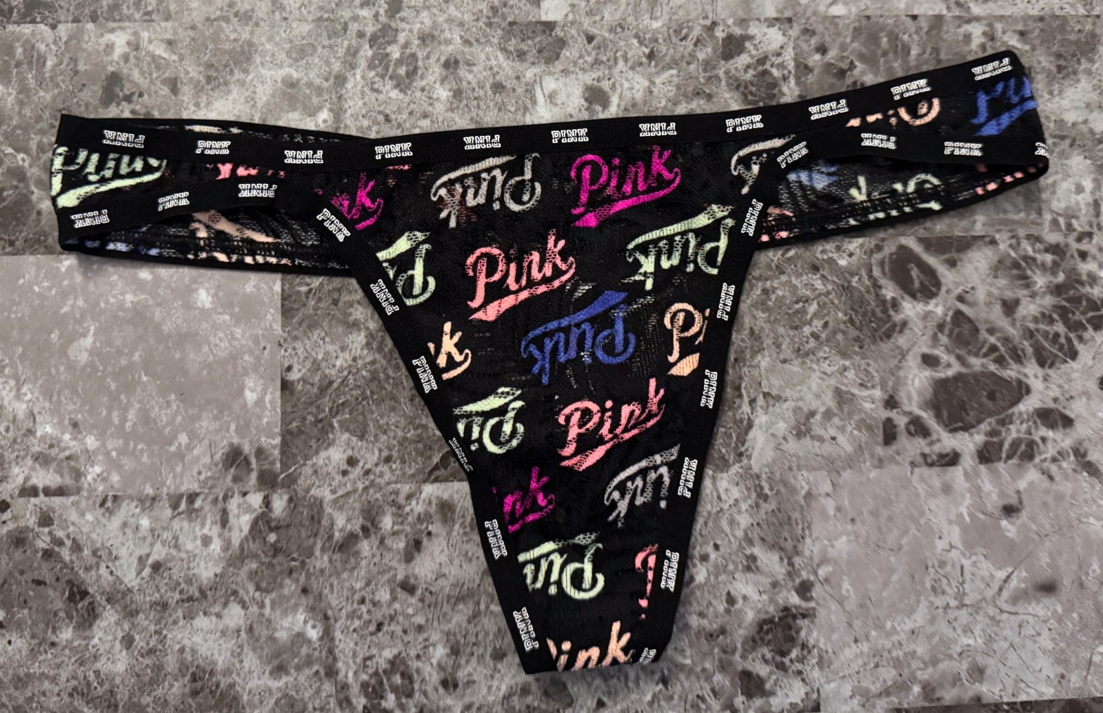 NWT VICTORIA’S SECRET PINK MEDIUM BLACK BLUE GREEN LOGO LACE RARE THONG PANTIES
