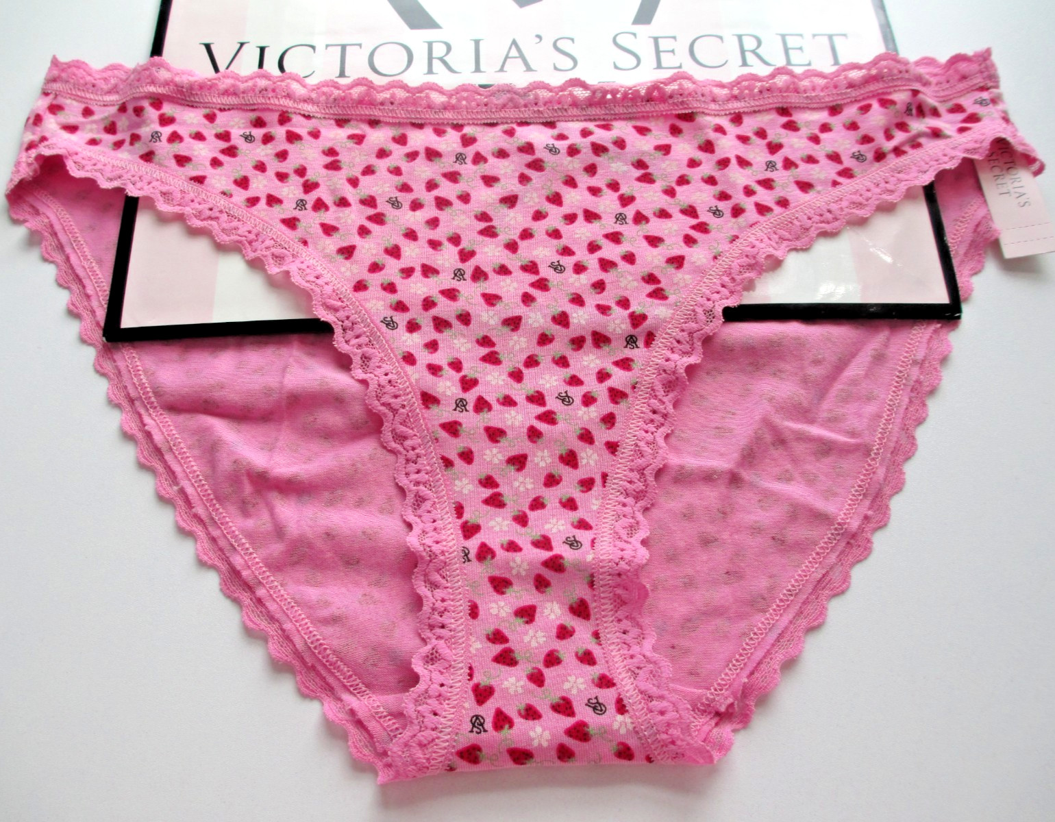 VICTORIA’S SECRET Cotton Bikini Panty S M L Strawberry Pink NWT Lace Trim VS