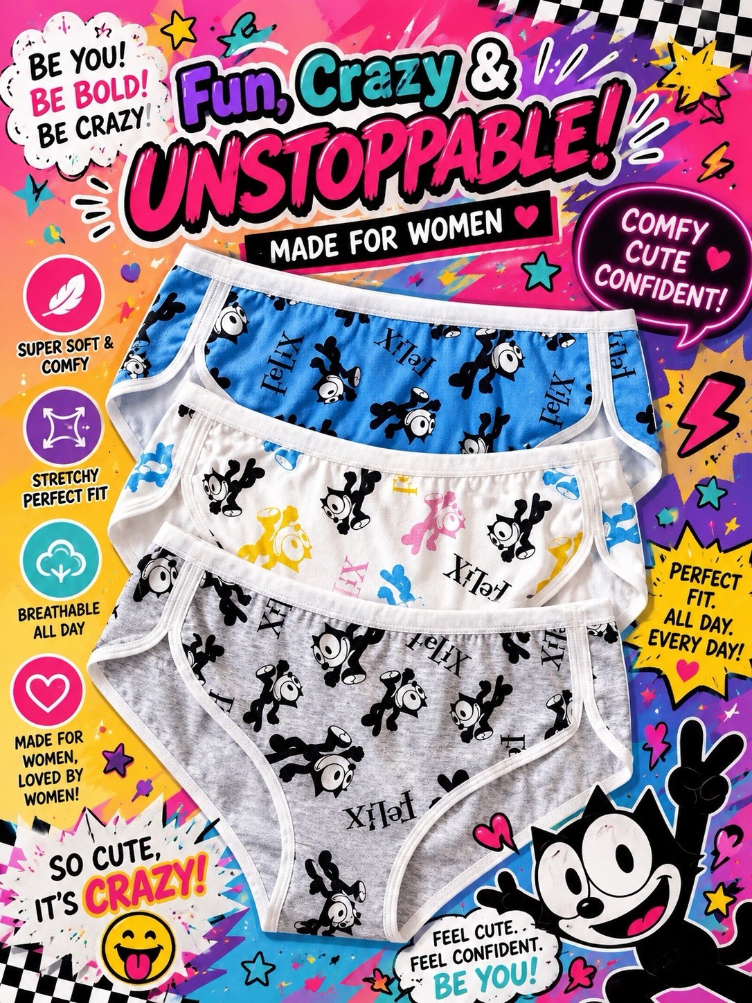 Women’s Teen Felix the Cat Blue Gray Bikini Kawaii Panties Cartoon 3pk Medium